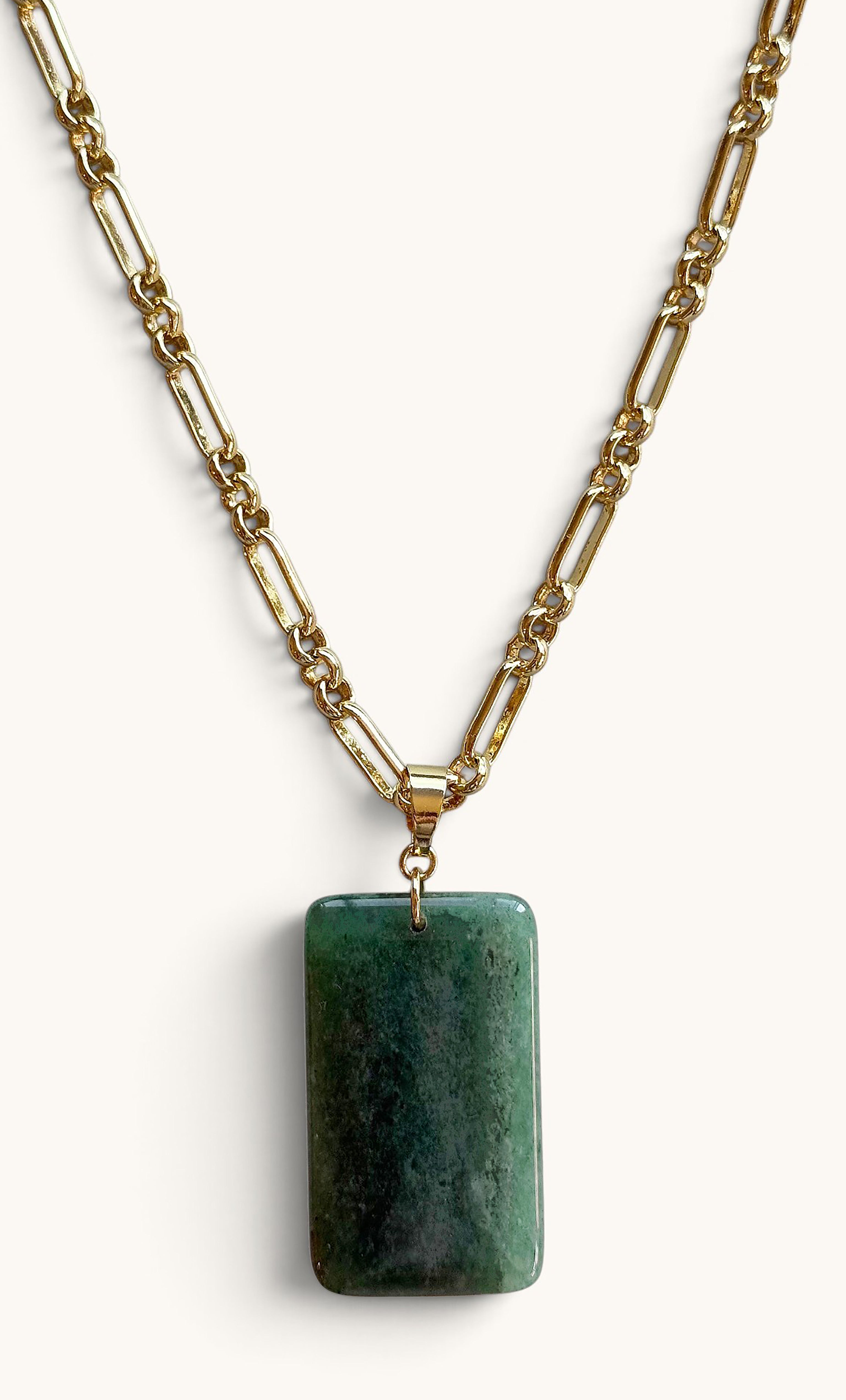 The Talisman Aventurine Semi Precious Stone Pendant Gold Fill Figaro Chain Longline Necklace | Tunik