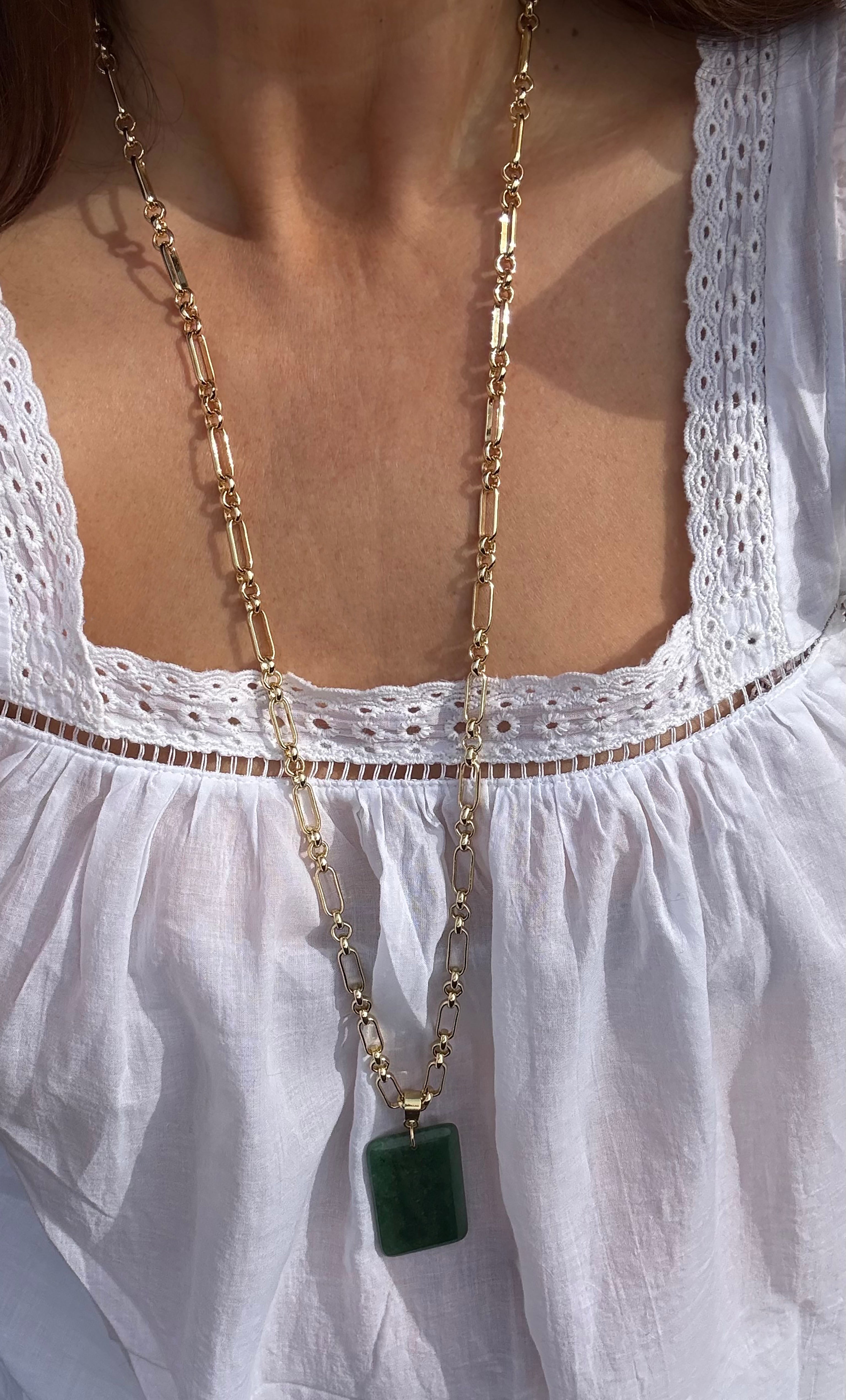 The Talisman Aventurine Semi Precious Stone Pendant Gold Fill Figaro Chain Longline Necklace | Tunik
