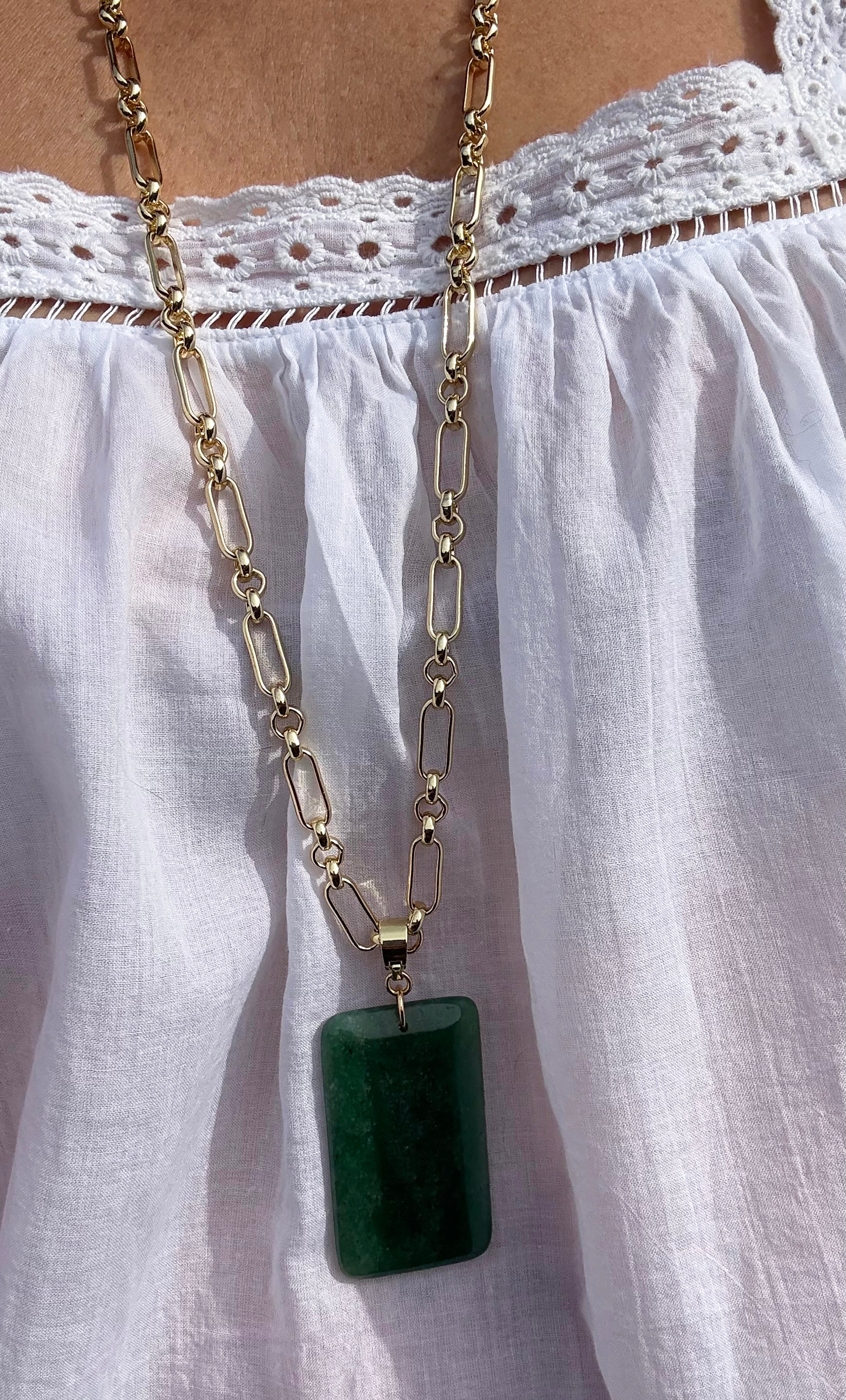 The Talisman Aventurine Semi Precious Stone Pendant Gold Fill Figaro Chain Longline Necklace | Tunik