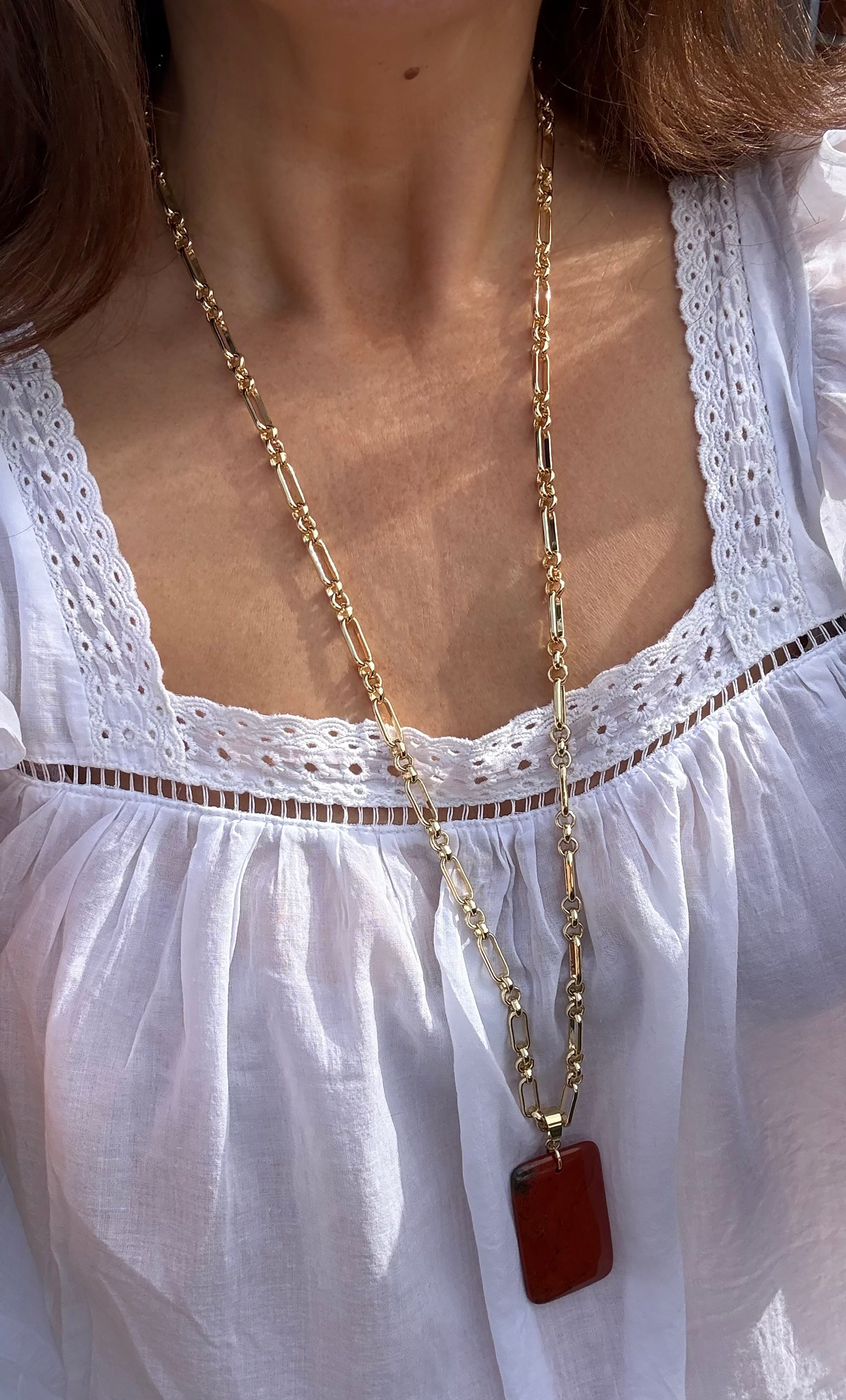 The Talisman Red Jasper Semi Precious Stone Pendant Gold Fill Figaro Chain Longline Necklace | Tunik