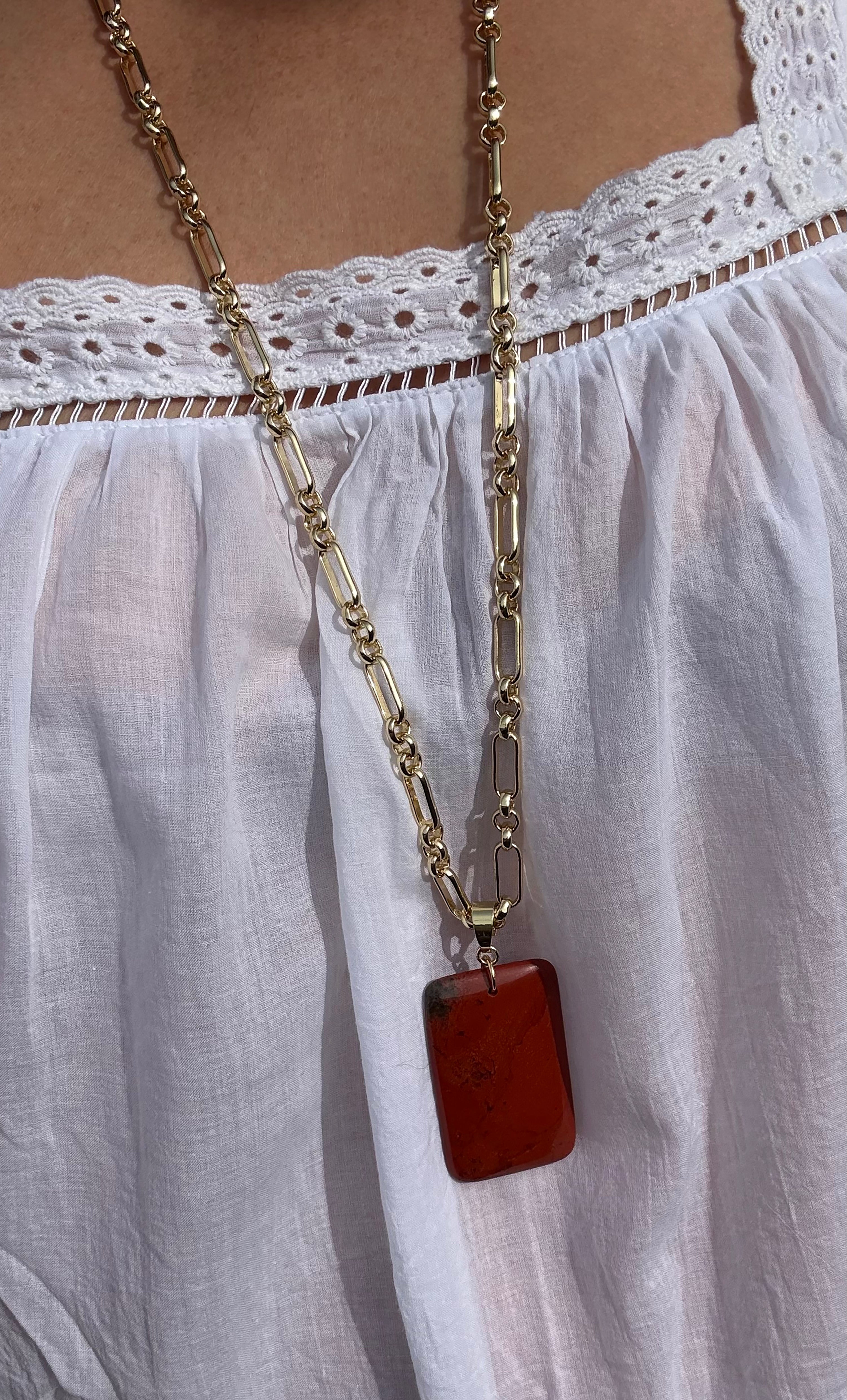 The Talisman Red Jasper Semi Precious Stone Pendant Gold Fill Figaro Chain Longline Necklace | Tunik