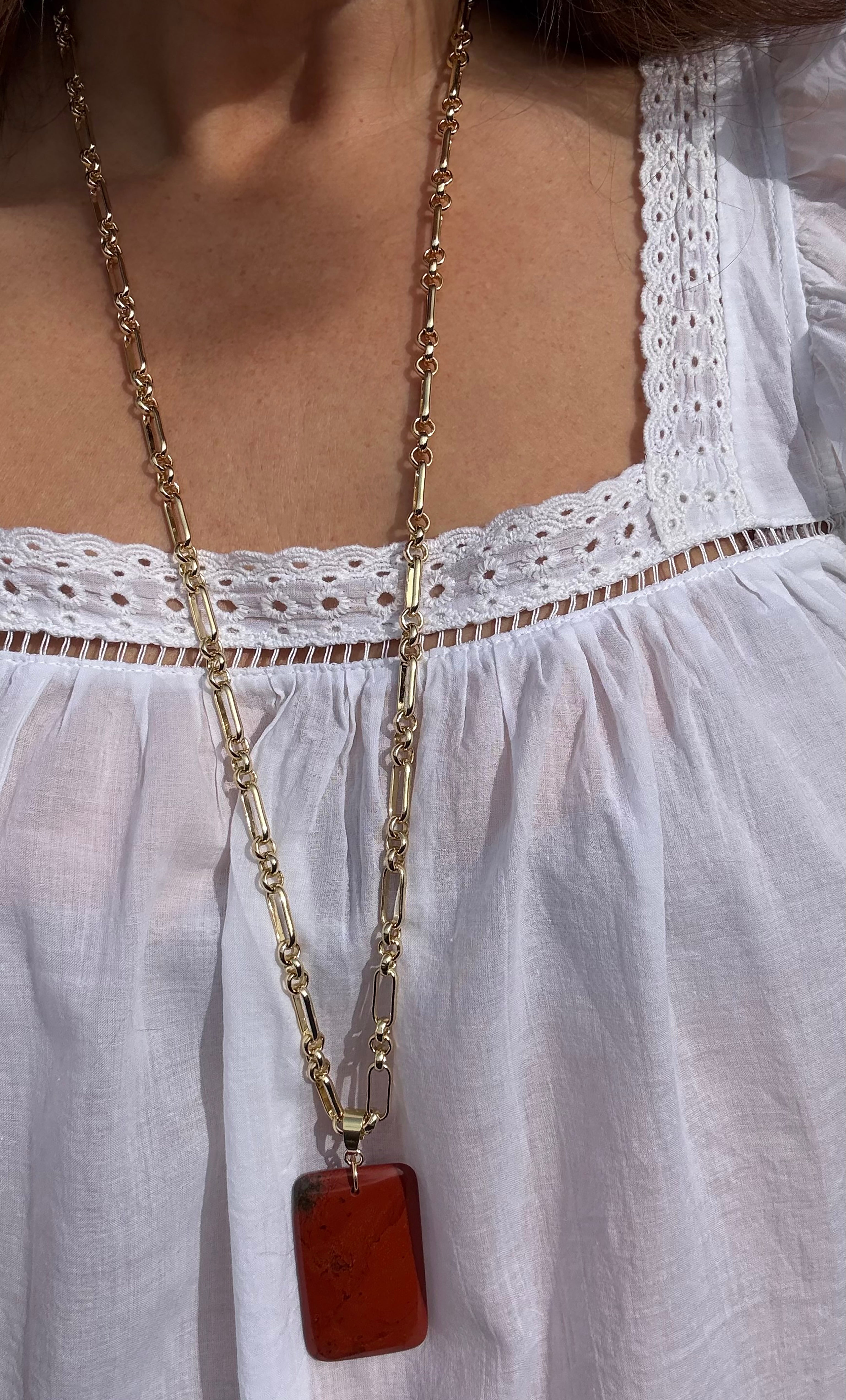 The Talisman Red Jasper Semi Precious Stone Pendant Gold Fill Figaro Chain Longline Necklace | Tunik