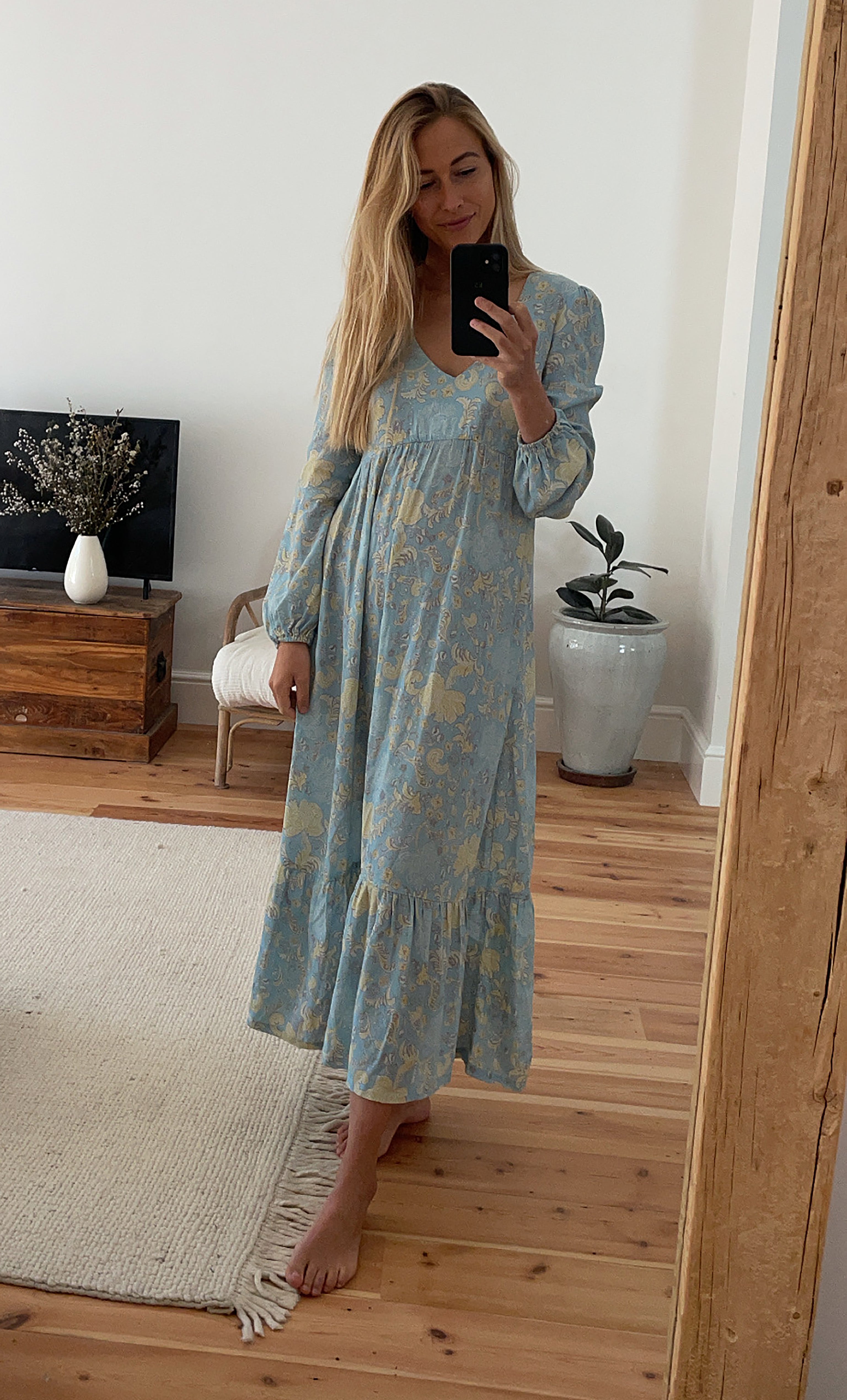 Tunik Lola maxi dress in Mystic Floral Aquamarine print paired with gold fill necklace from Tunik the Label.