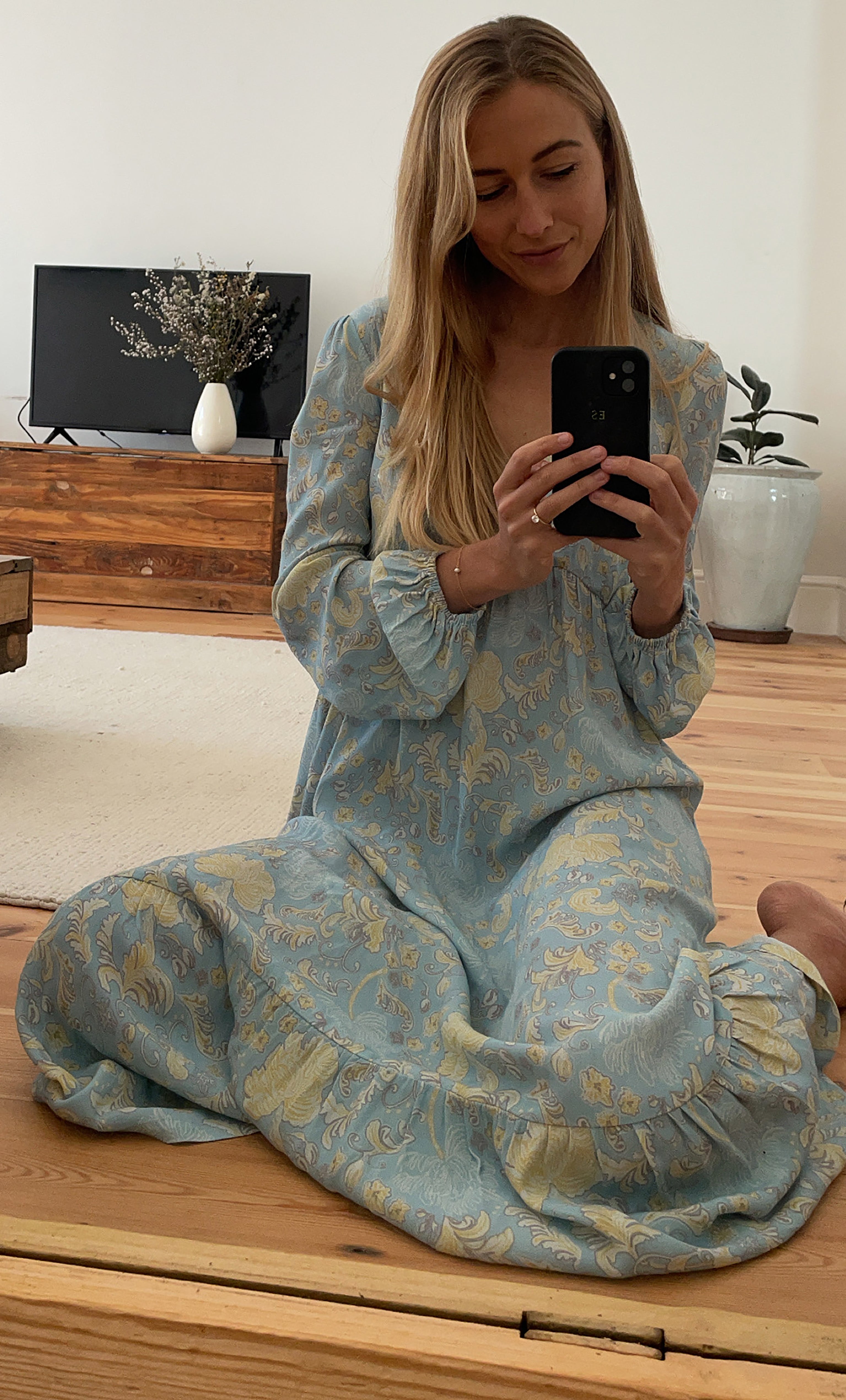 Tunik Lola maxi dress in Mystic Floral Aquamarine print with gold fill necklace from Tunik the Label.