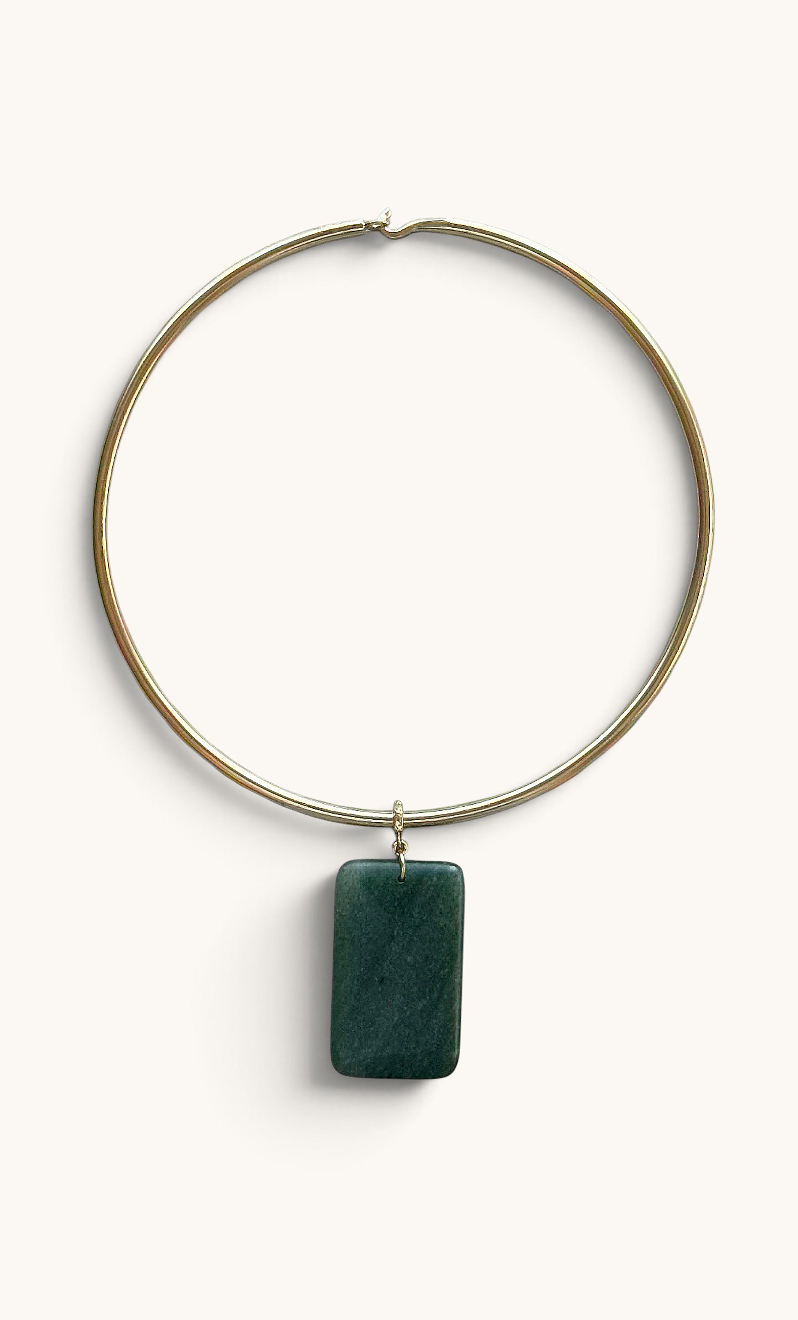 Gold fill collar necklace with rectangular dark green aventurine pendant by Tunik.