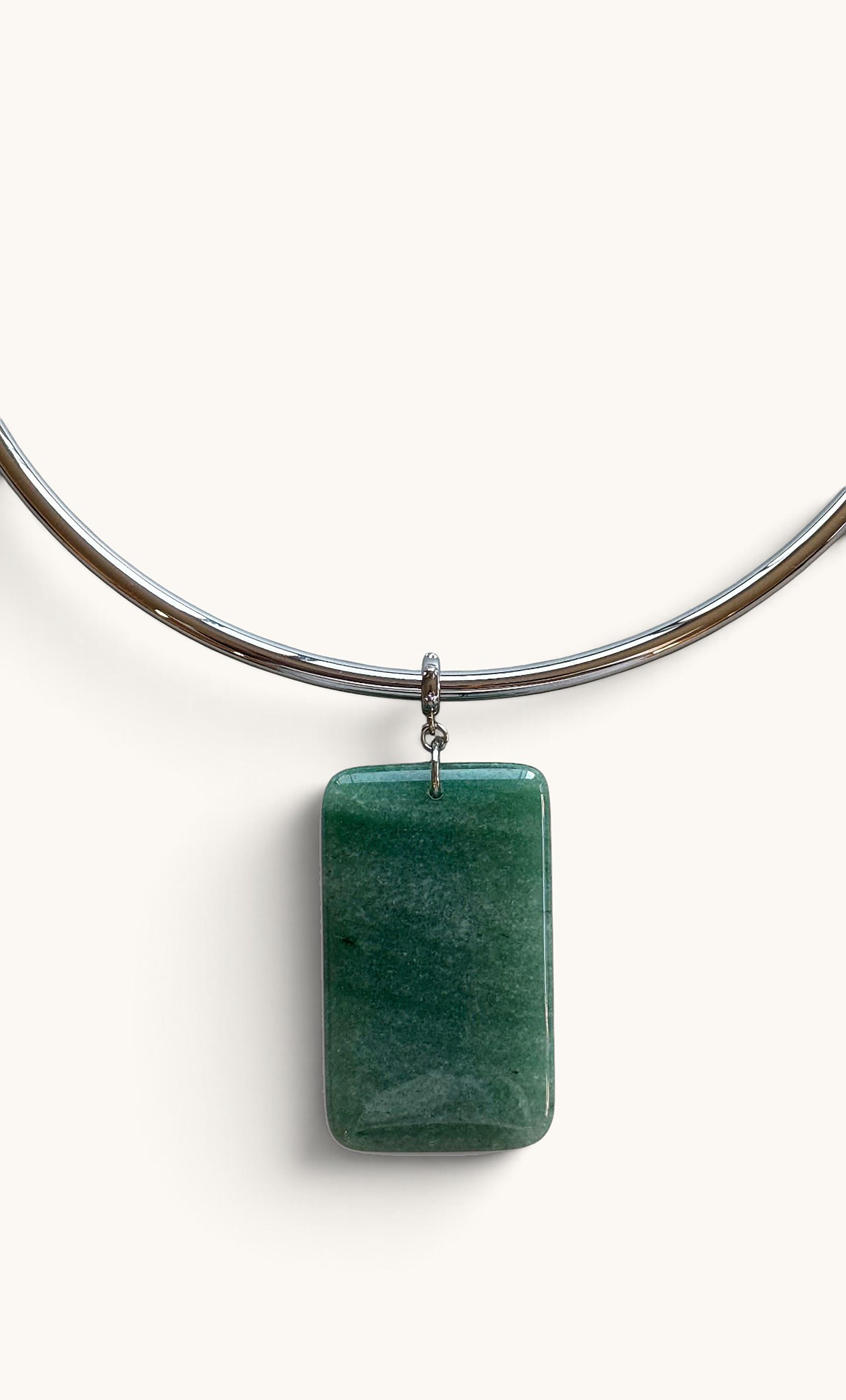 Gold-filled collar necklace with rectangular green aventurine stone pendant by Tunik.
