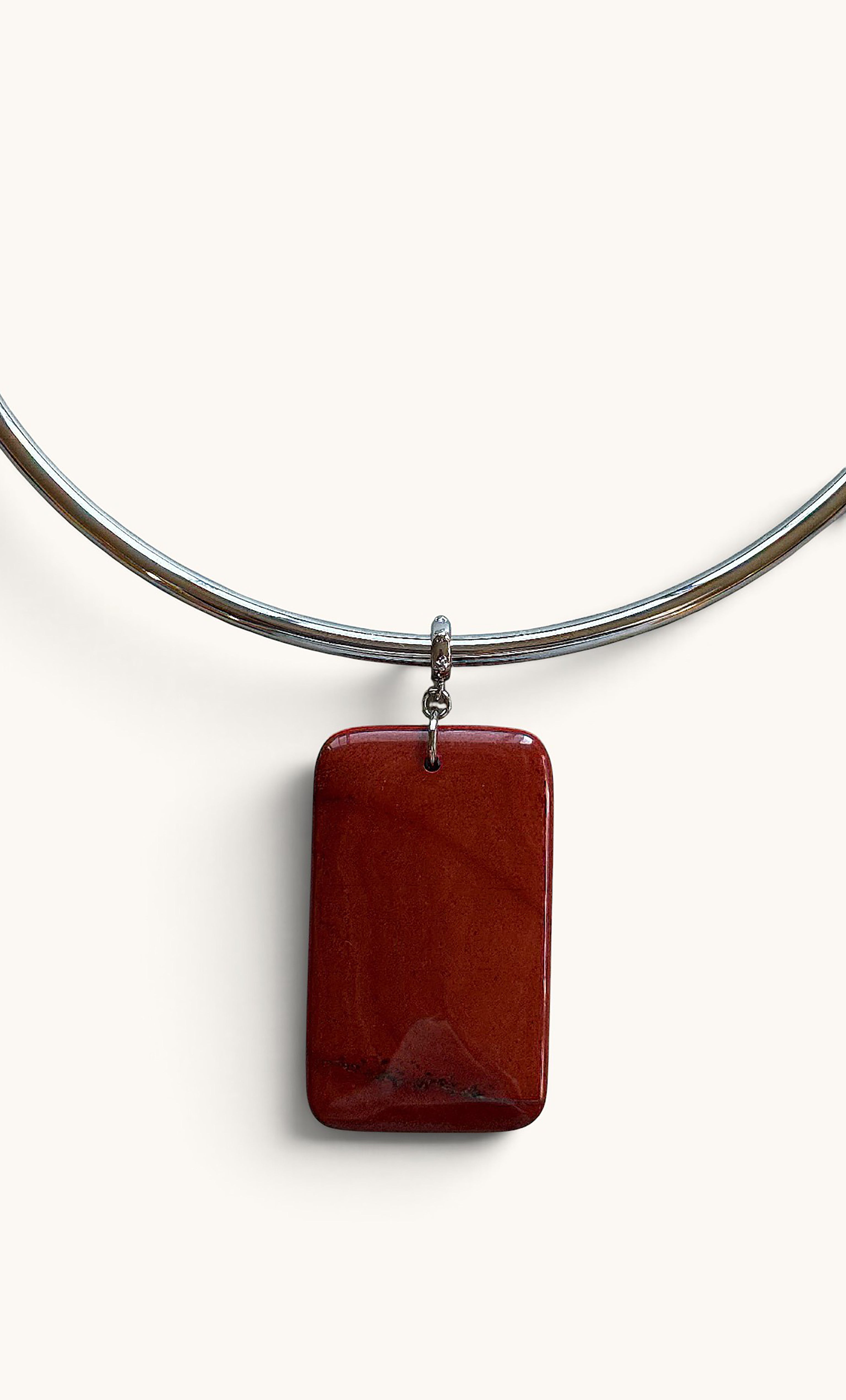 Gold-fill collar necklace with rectangular deep red jasper pendant by Tunik.