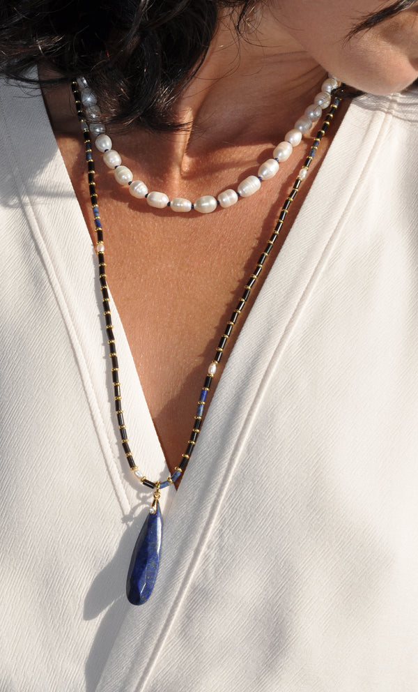 The Tunik Blue Moon Beaded Long Necklace