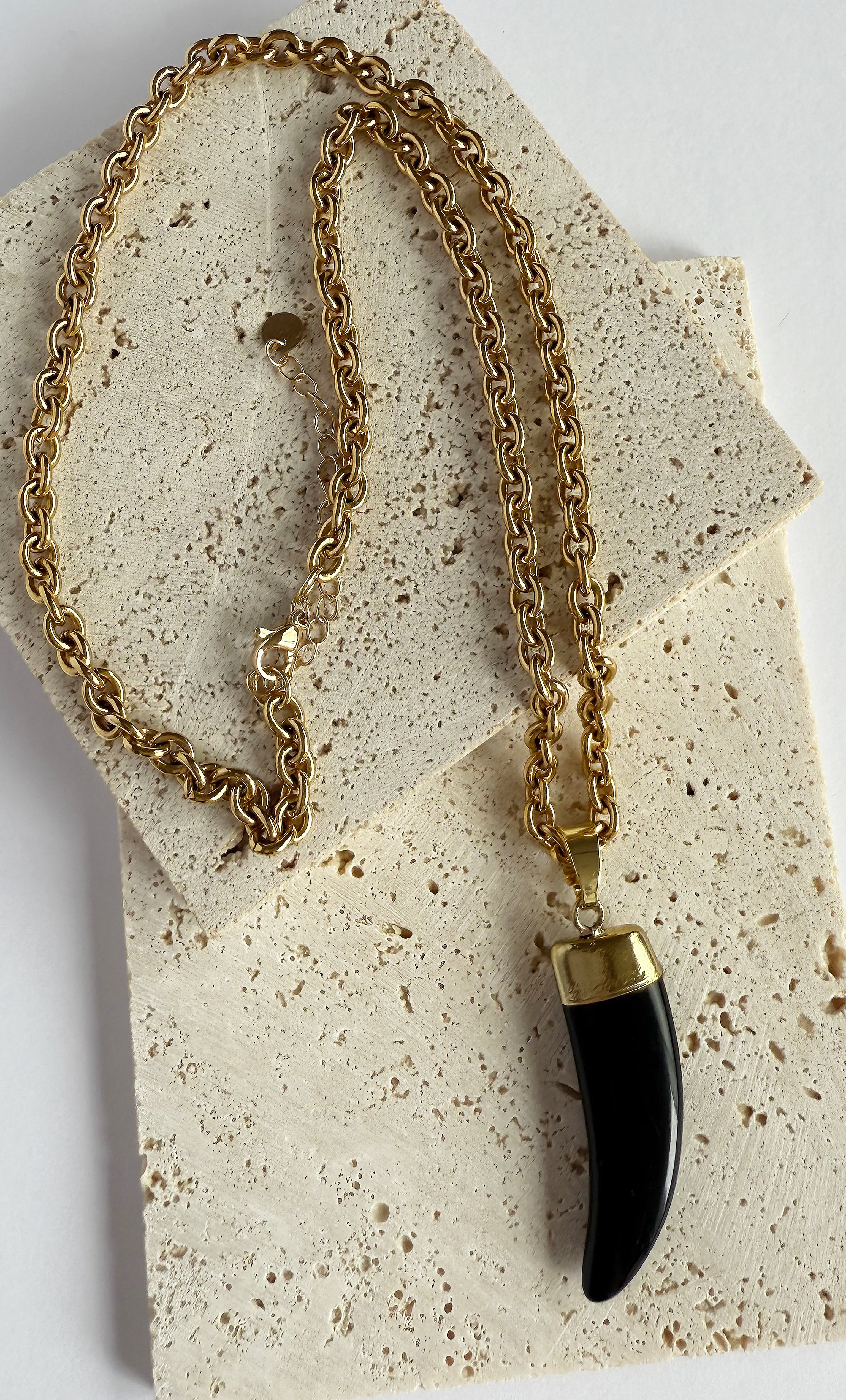 Horn Pendant in Carved Agate Stone 24K Gold Fill Necklace Long and Short Length | Tunik