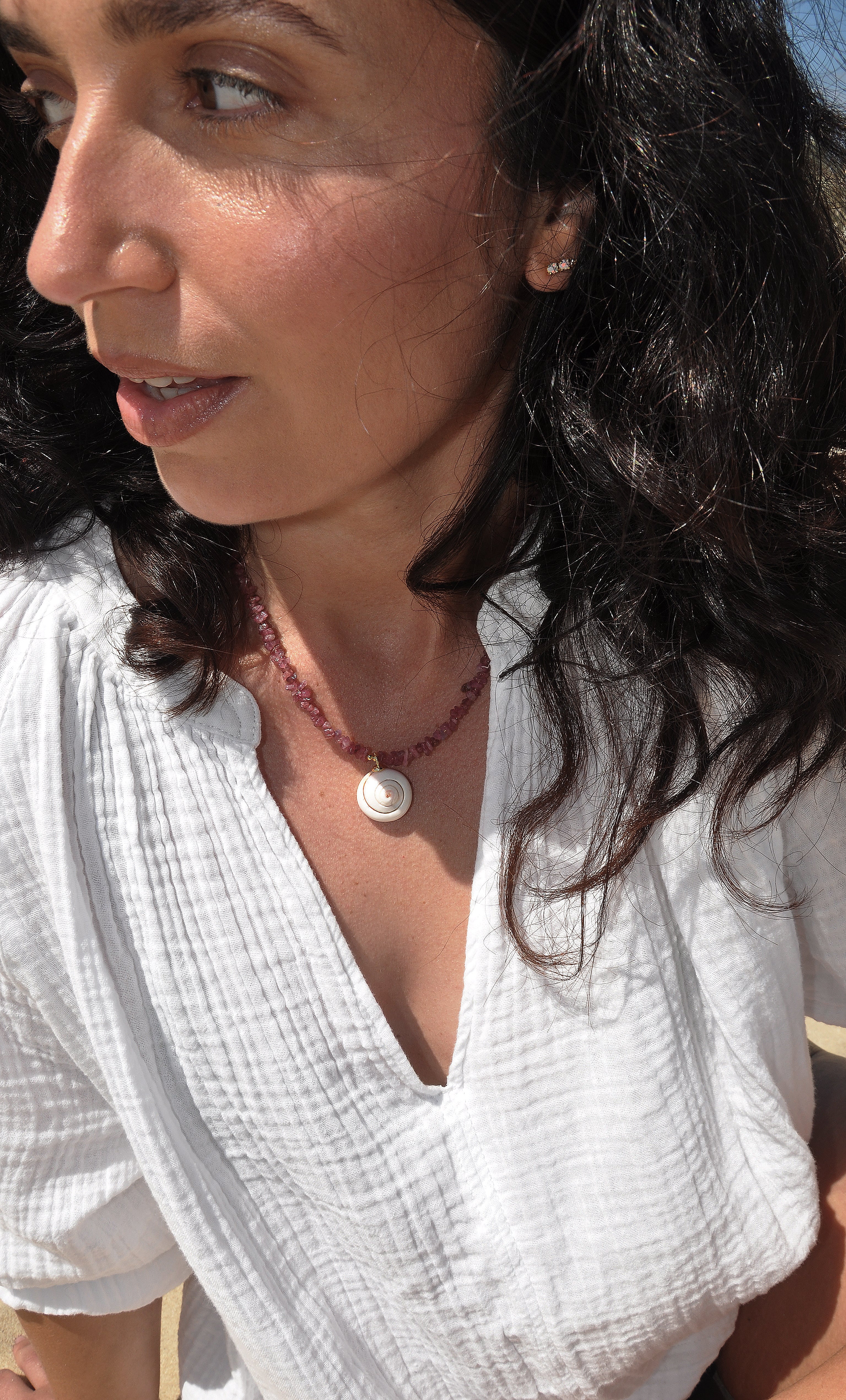 Shell Charm Pink Tourmaline Stone Hand Beaded Necklace | Tunik