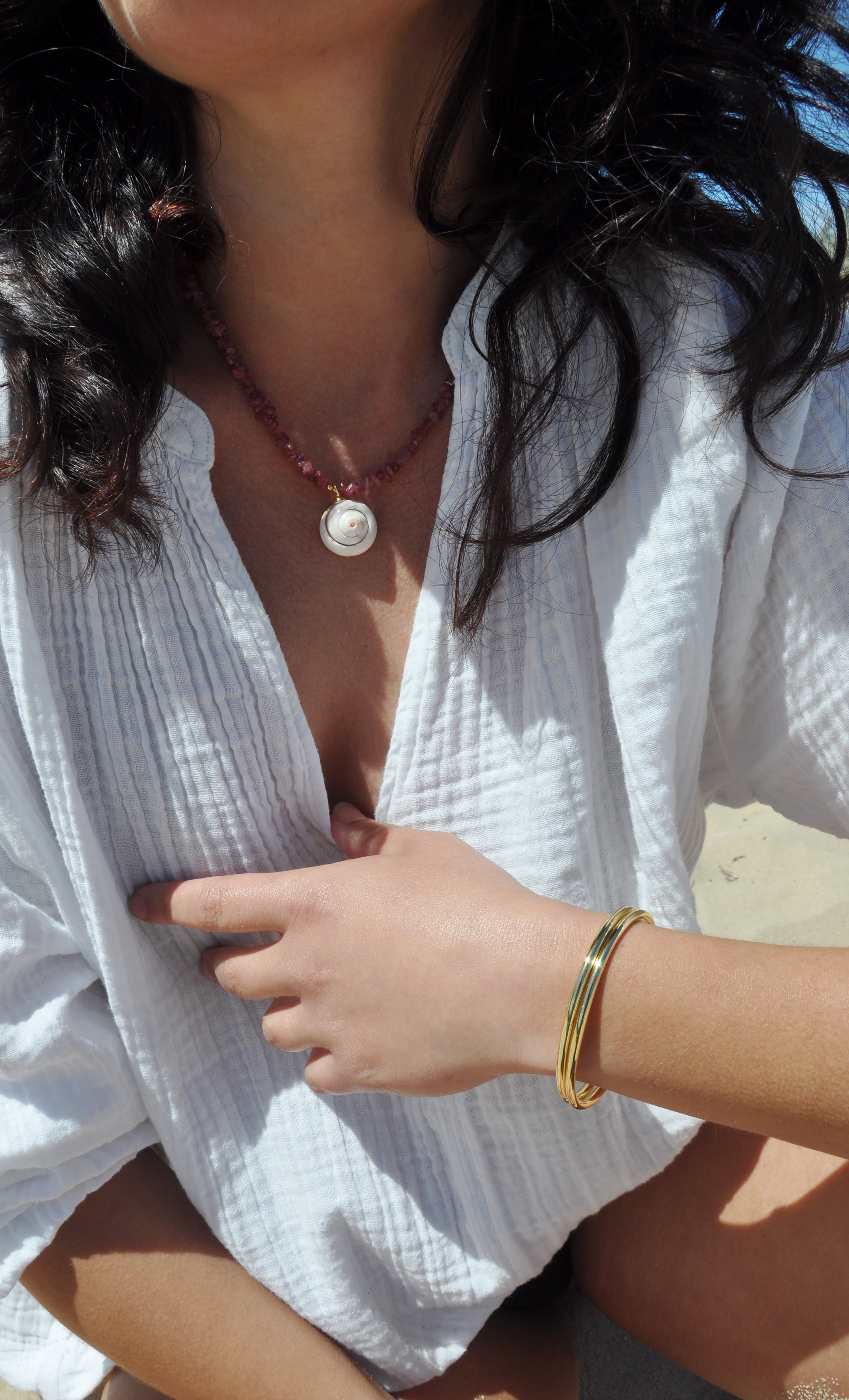 Shell Charm Pink Tourmaline Stone Hand Beaded Necklace | Tunik