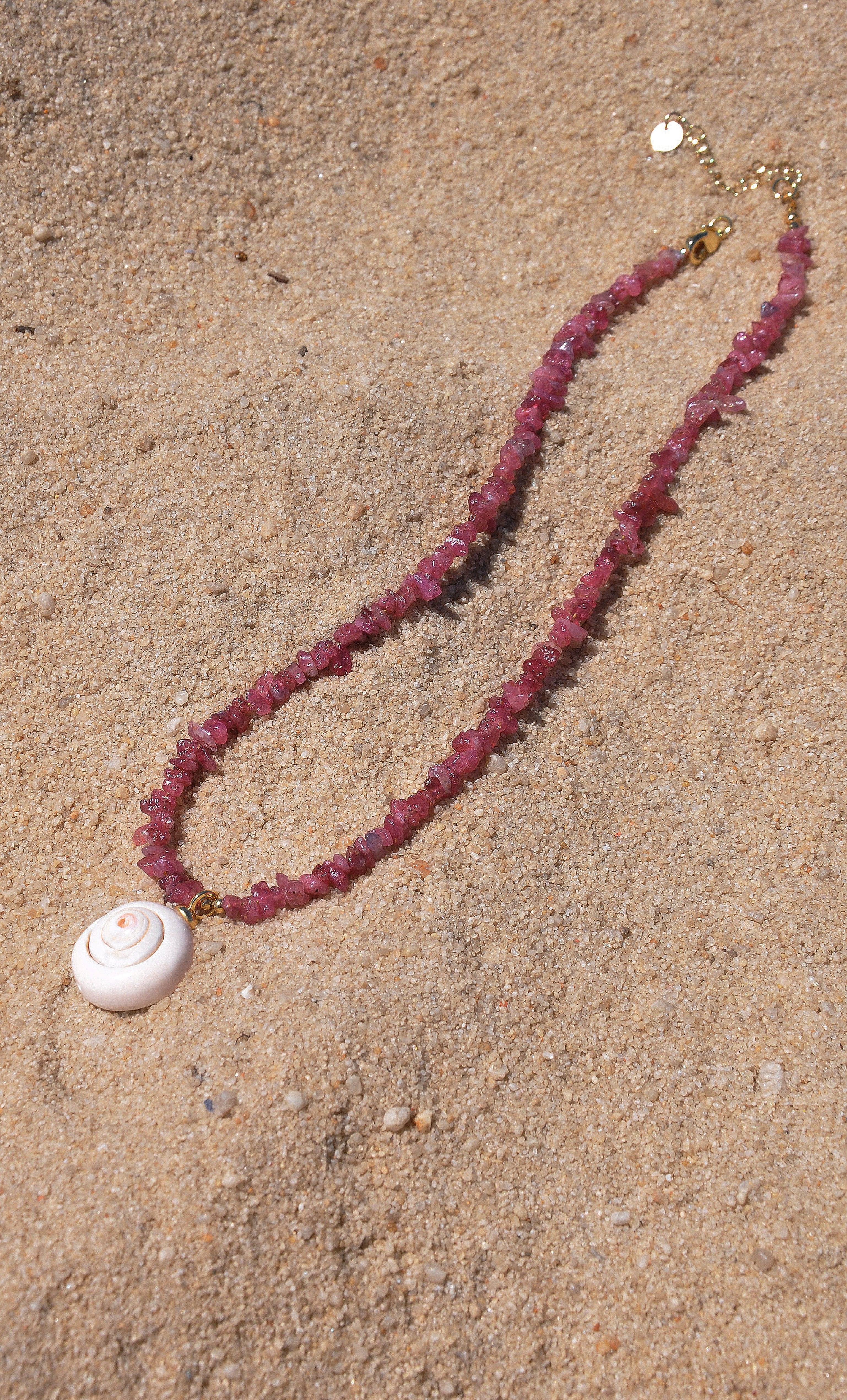 Shell Charm Pink Tourmaline Stone Hand Beaded Necklace | Tunik