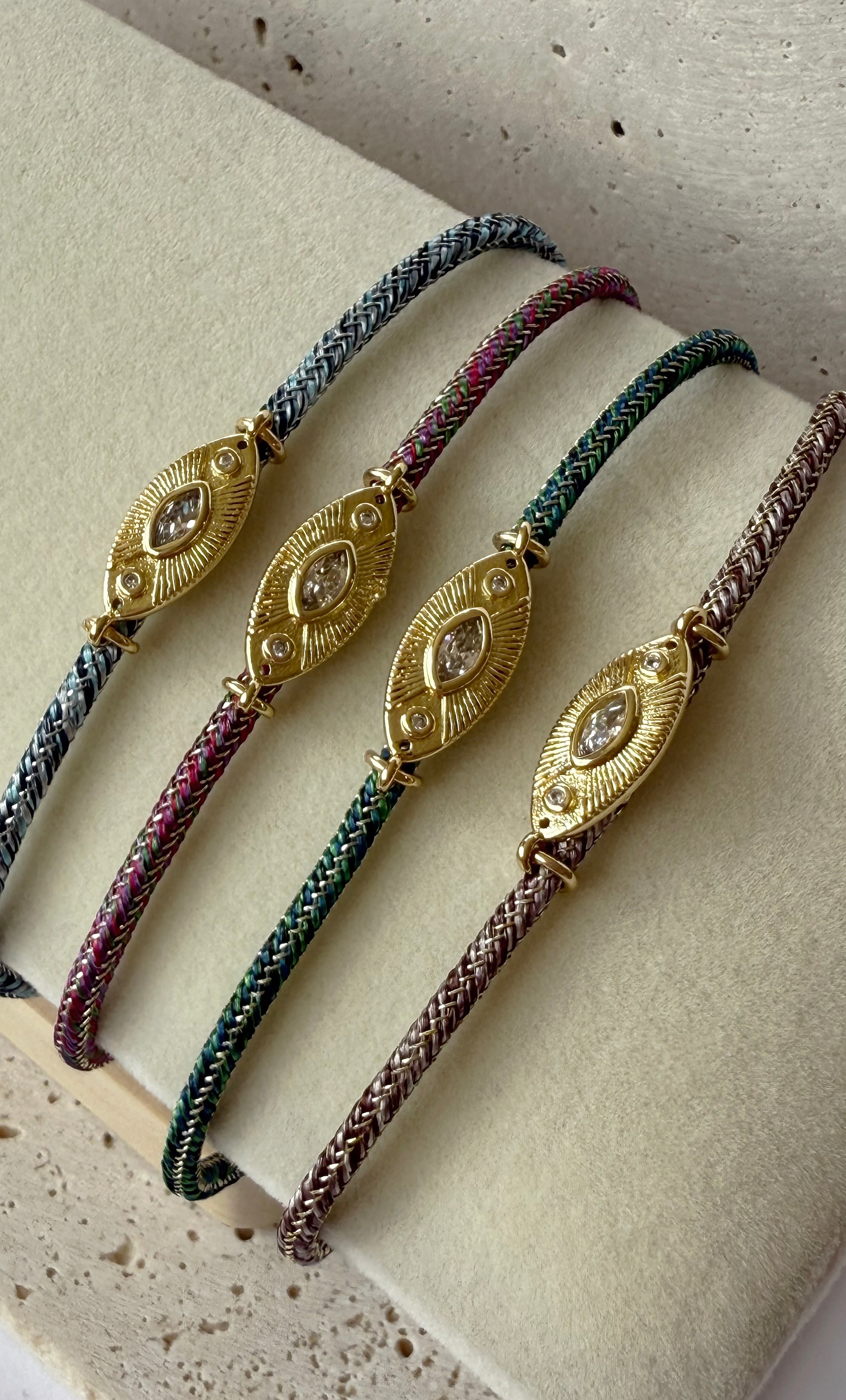 Solstice 24K Gold Fill Charm Lurex Lilac Brown Cord Bracelet | Tunik