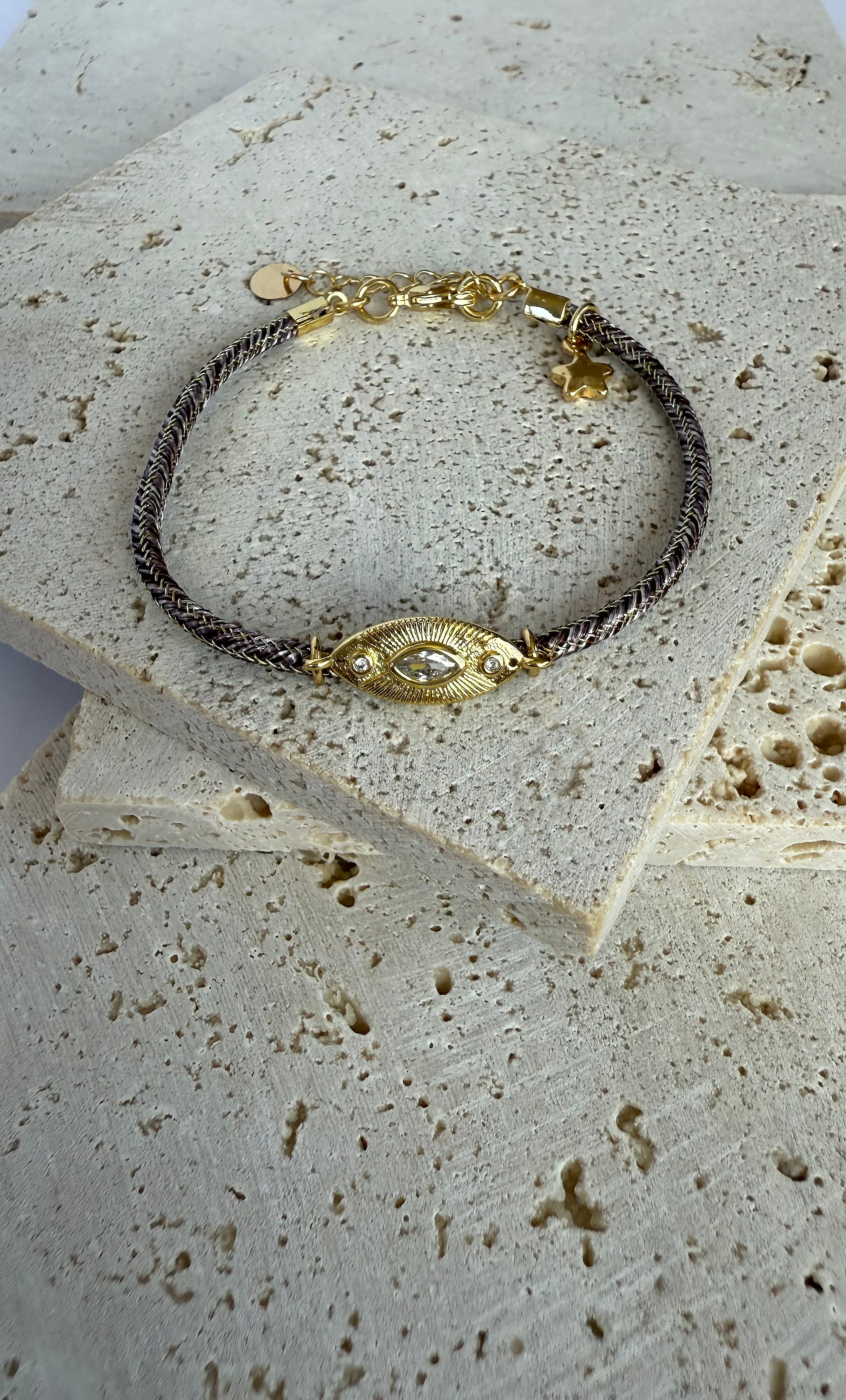 Solstice 24K Gold Fill Charm Lurex Lilac Brown Cord Bracelet | Tunik