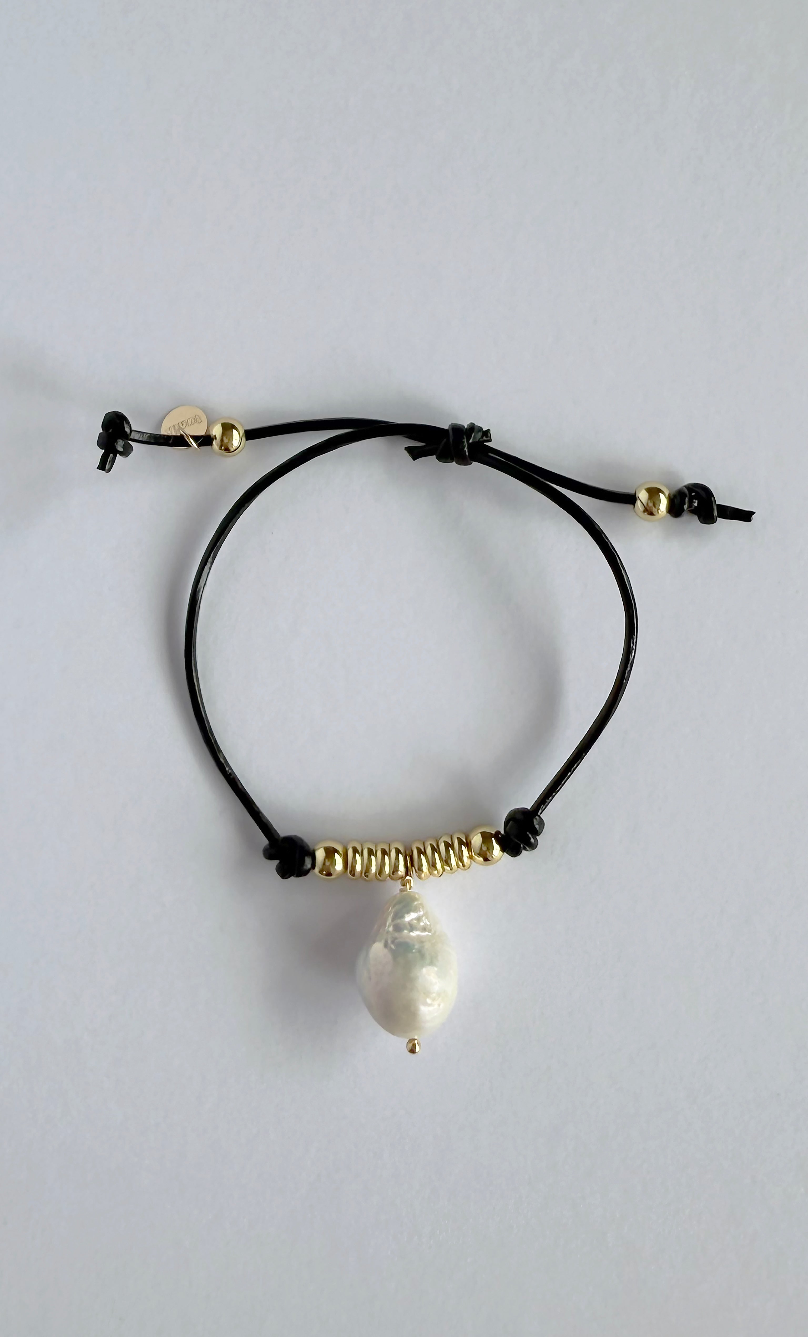 Wanderlust Baroque Pearl Drop Leather Bracelet with 24K Gold Fill trims | Tunik