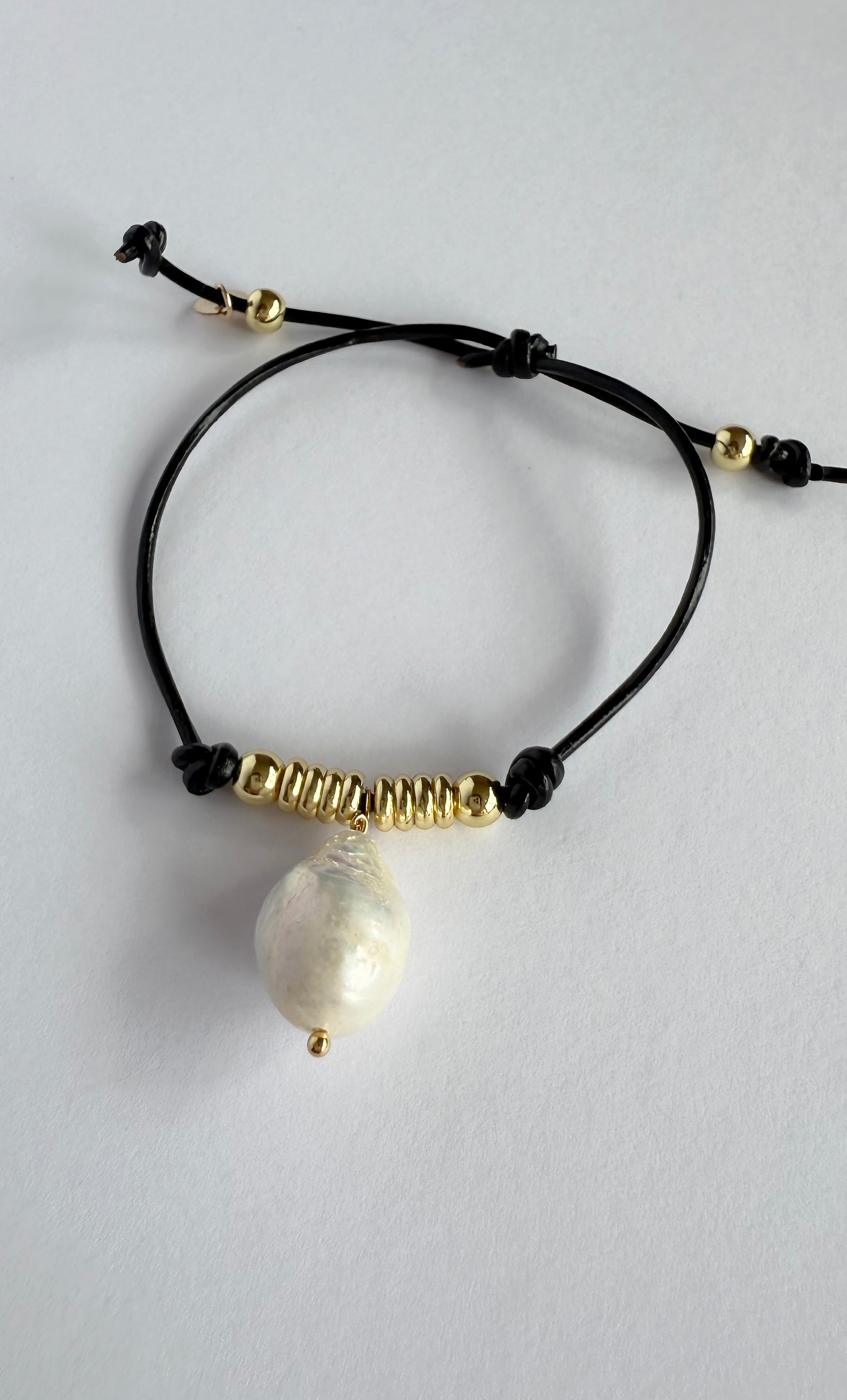 Wanderlust Baroque Pearl Drop Leather Bracelet with 24K Gold Fill trims | Tunik