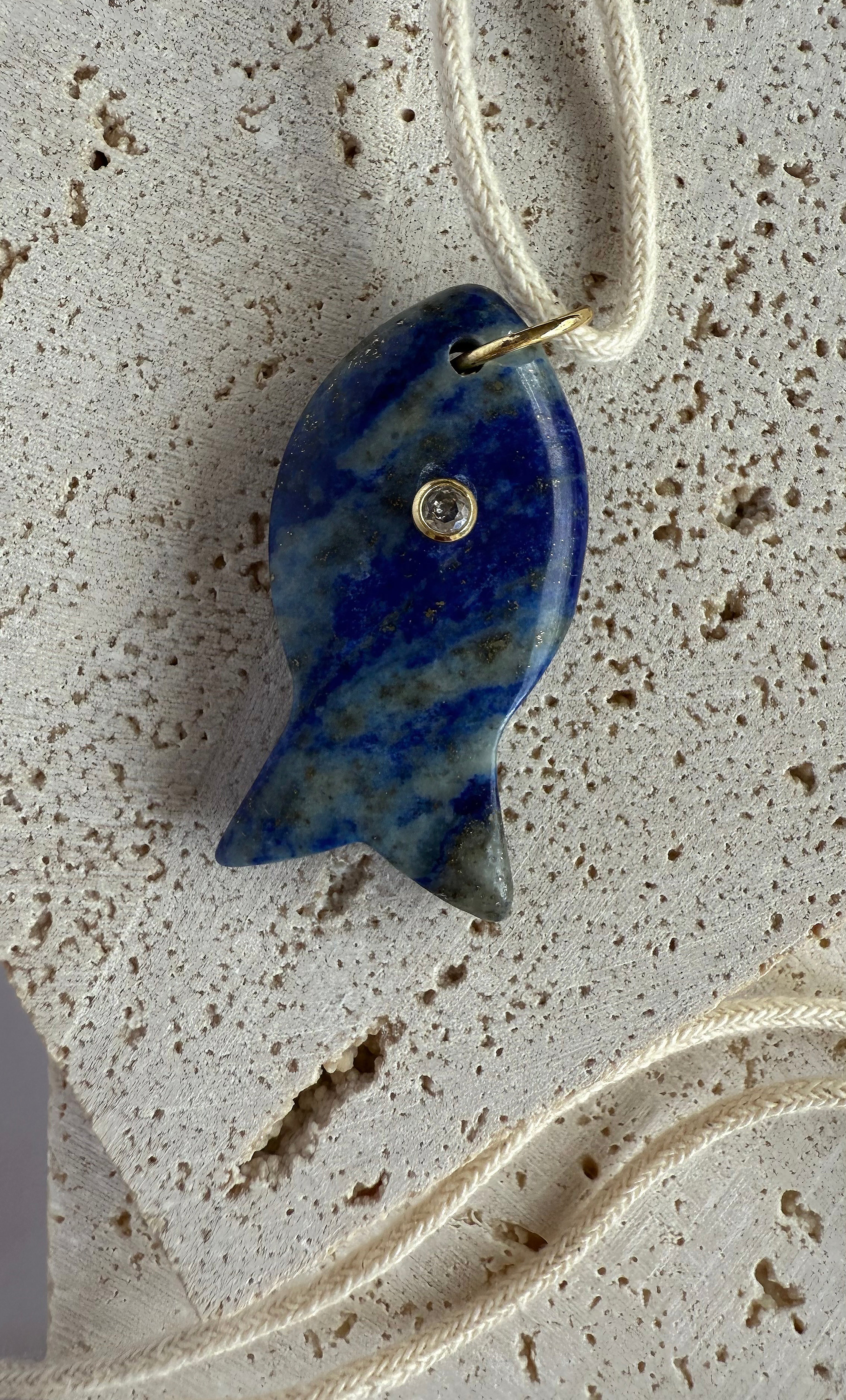 Wanderlust Lapis Lazuli Carved Stone Fish Pendant Long Line Necklace | Tunik