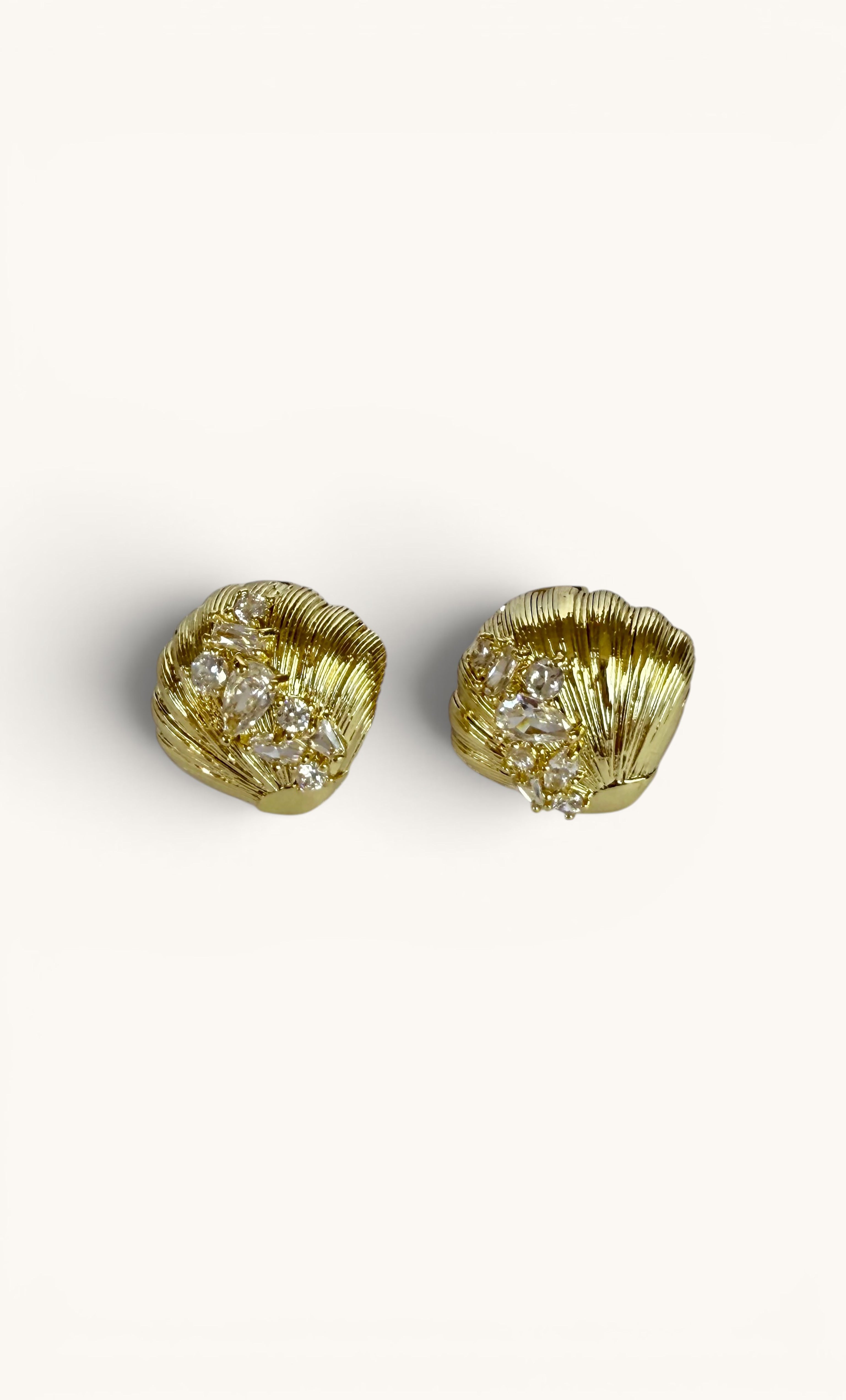 14K gold fill sea shell stud earrings with clear zirconia accents, textured design.