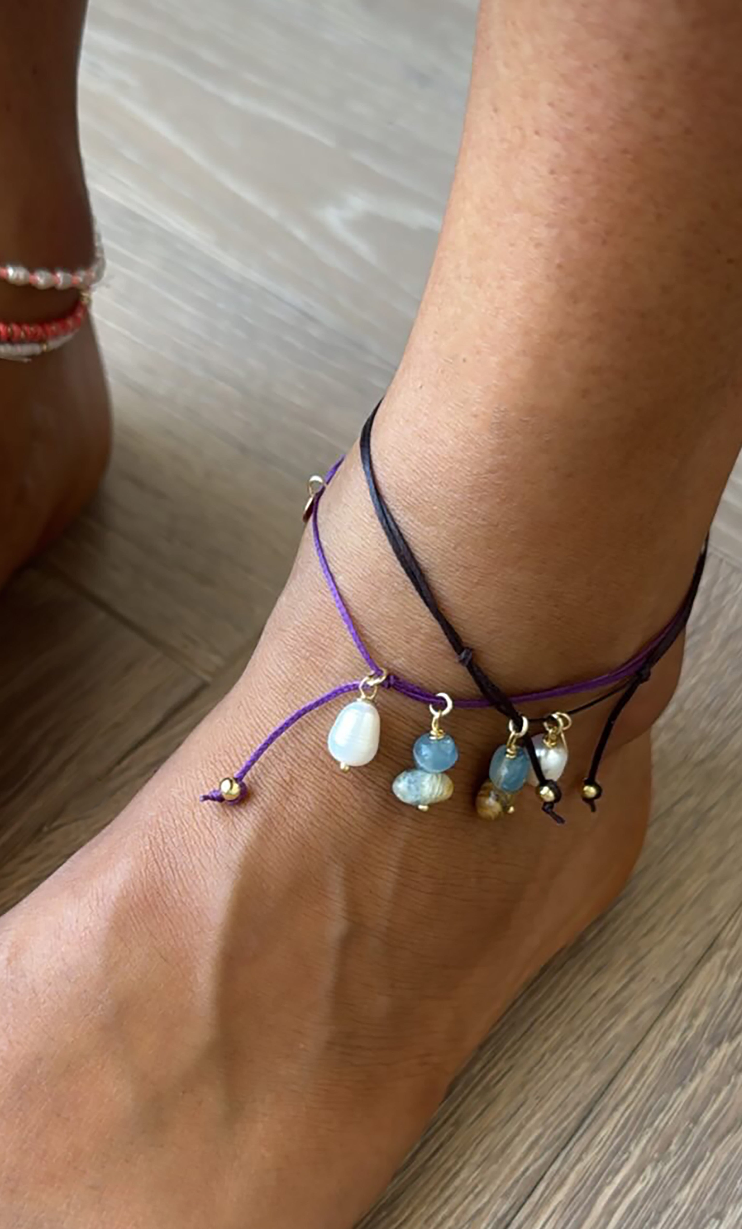 Sun Chaser Beaded and Pearl Charm Fine Handmade Anklet Deep Purple | Tunik