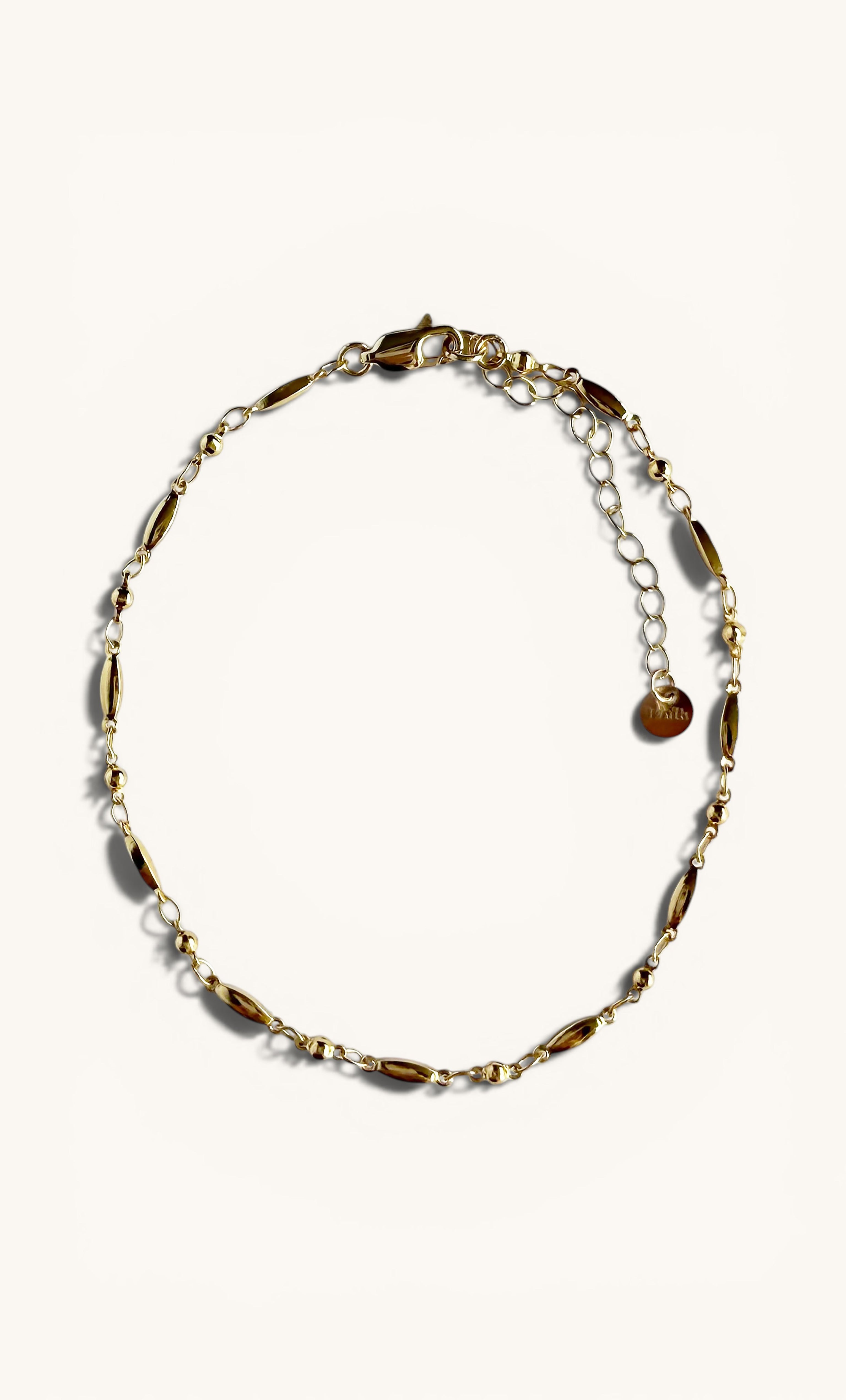 Delicate 24K gold fill beaded cable chain anklet with small round beads and adjustable clasp.