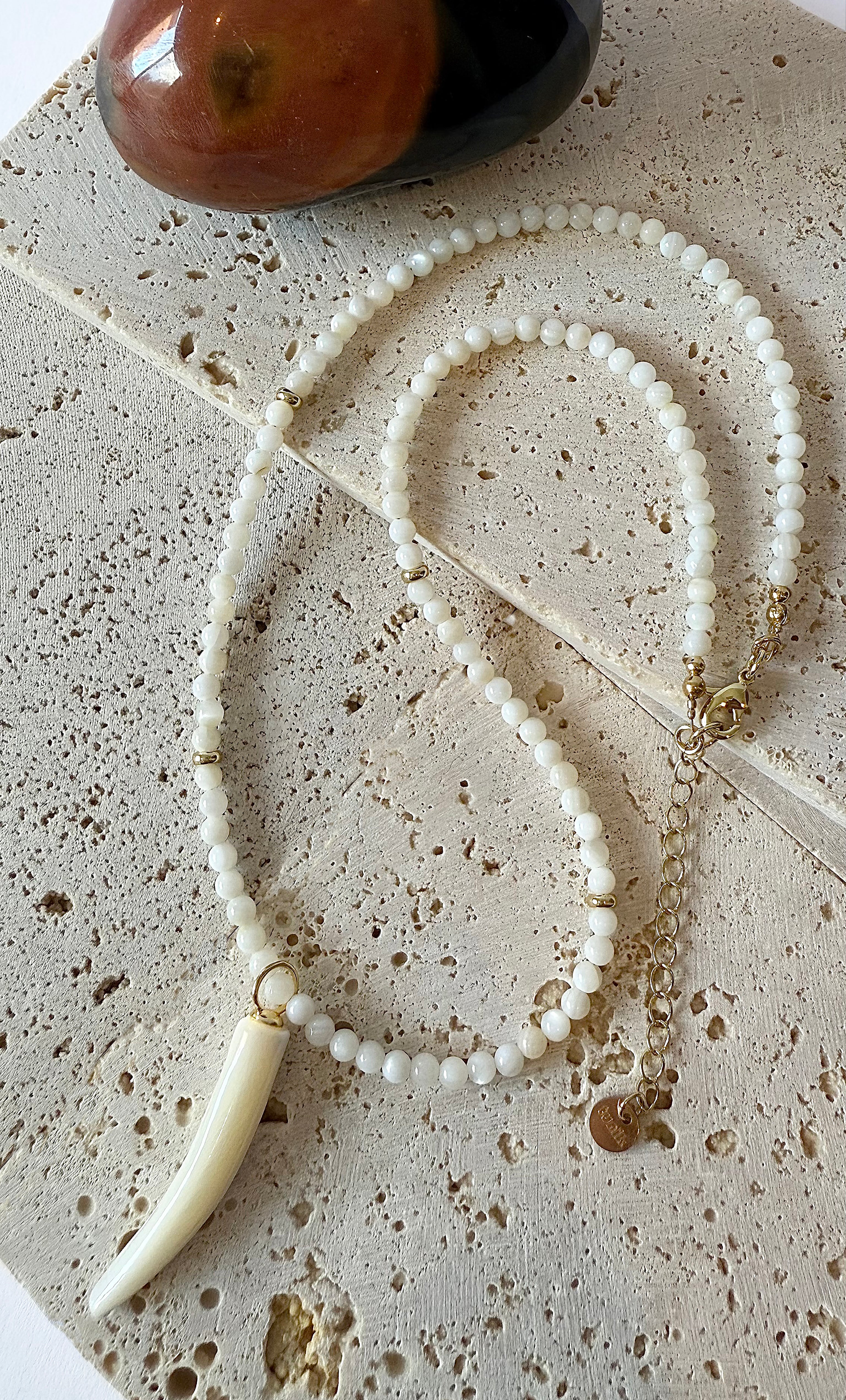Mother of Pearl Carved Horn Charm Hand Beaded Necklace | Tunik