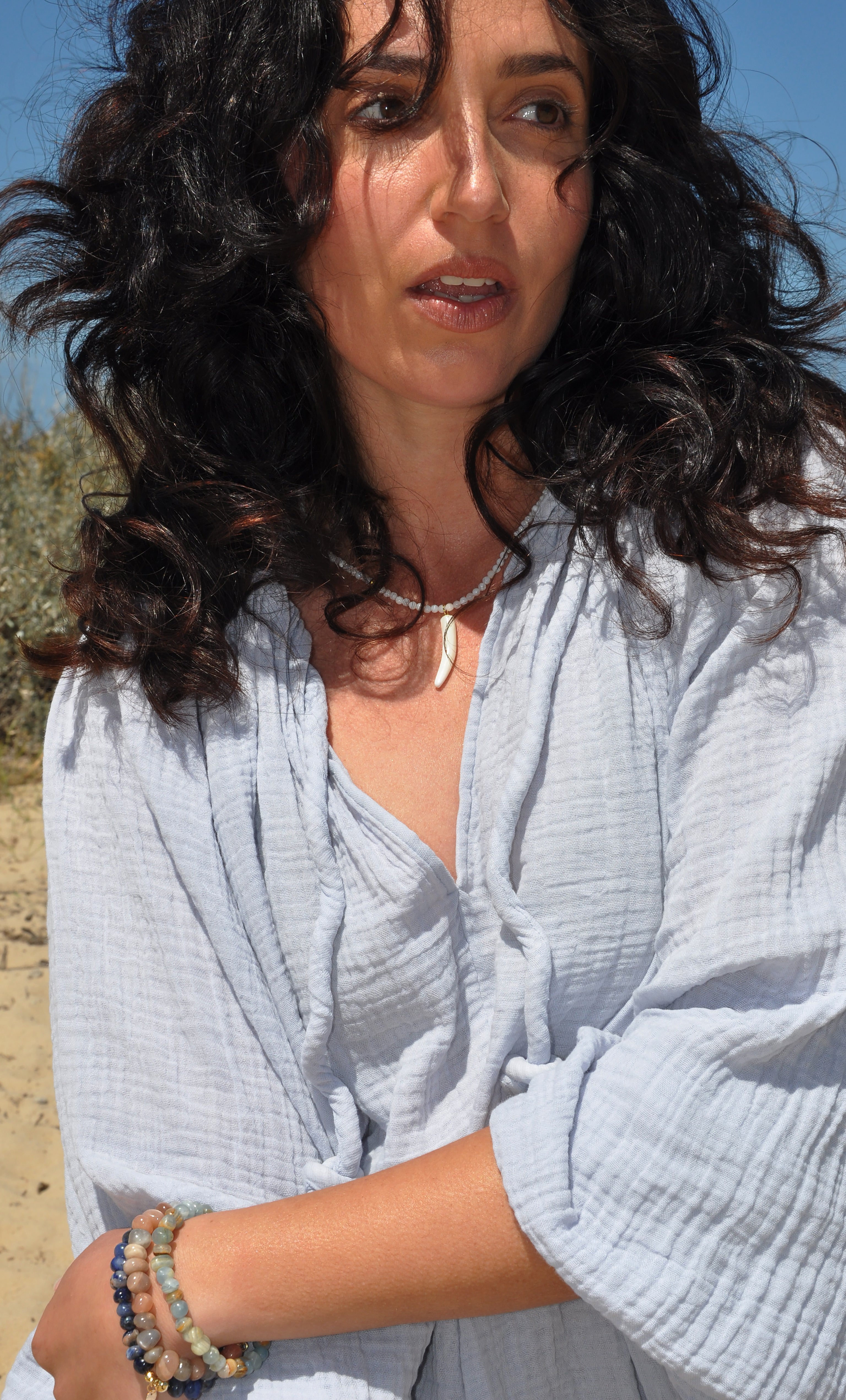 Mother of Pearl Carved Horn Charm Hand Beaded Necklace | Tunik