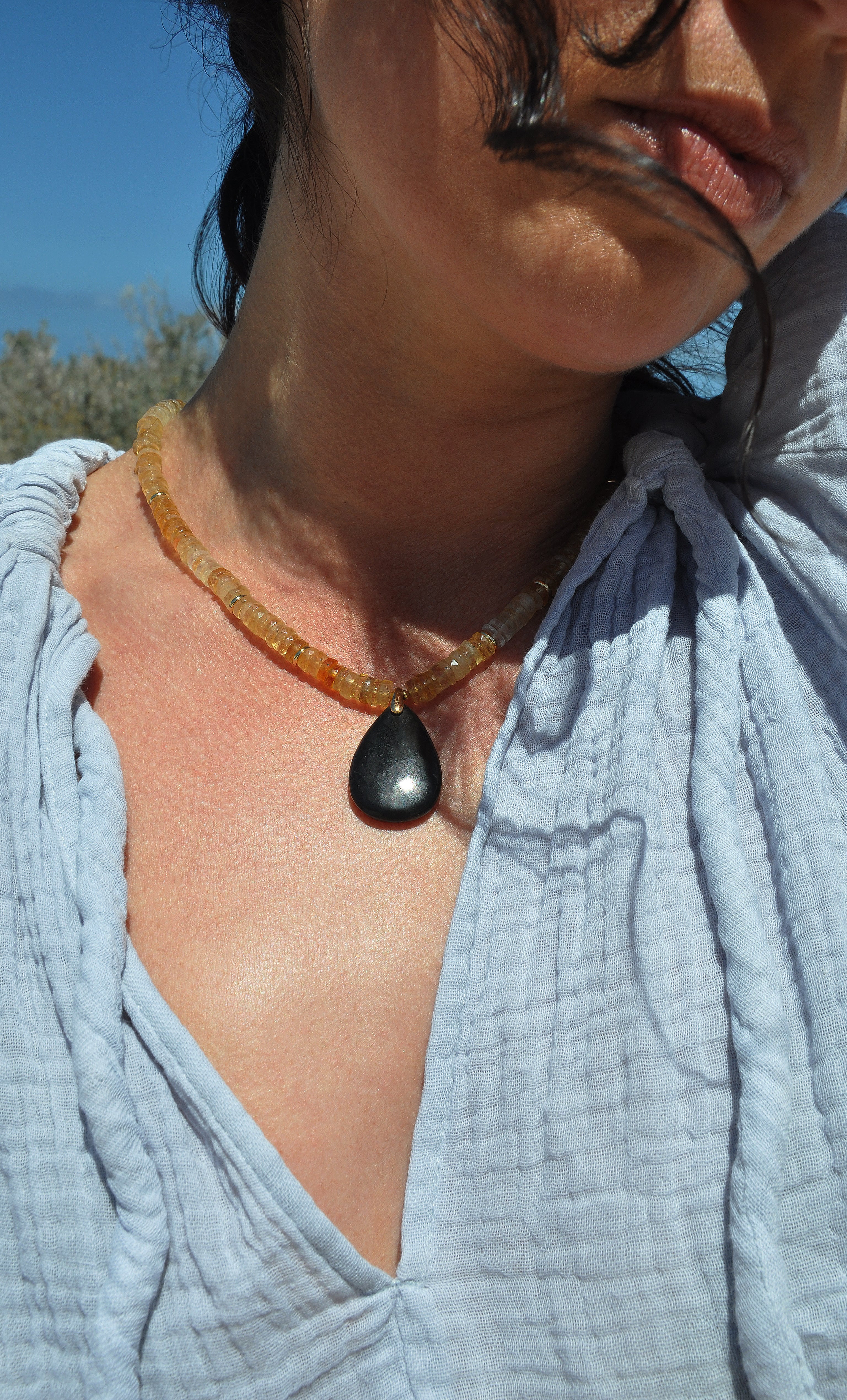 Nomade Amulet Natural Citrine Heishi Bead Necklace with Natural Shungite Carved Pendant | Tunik