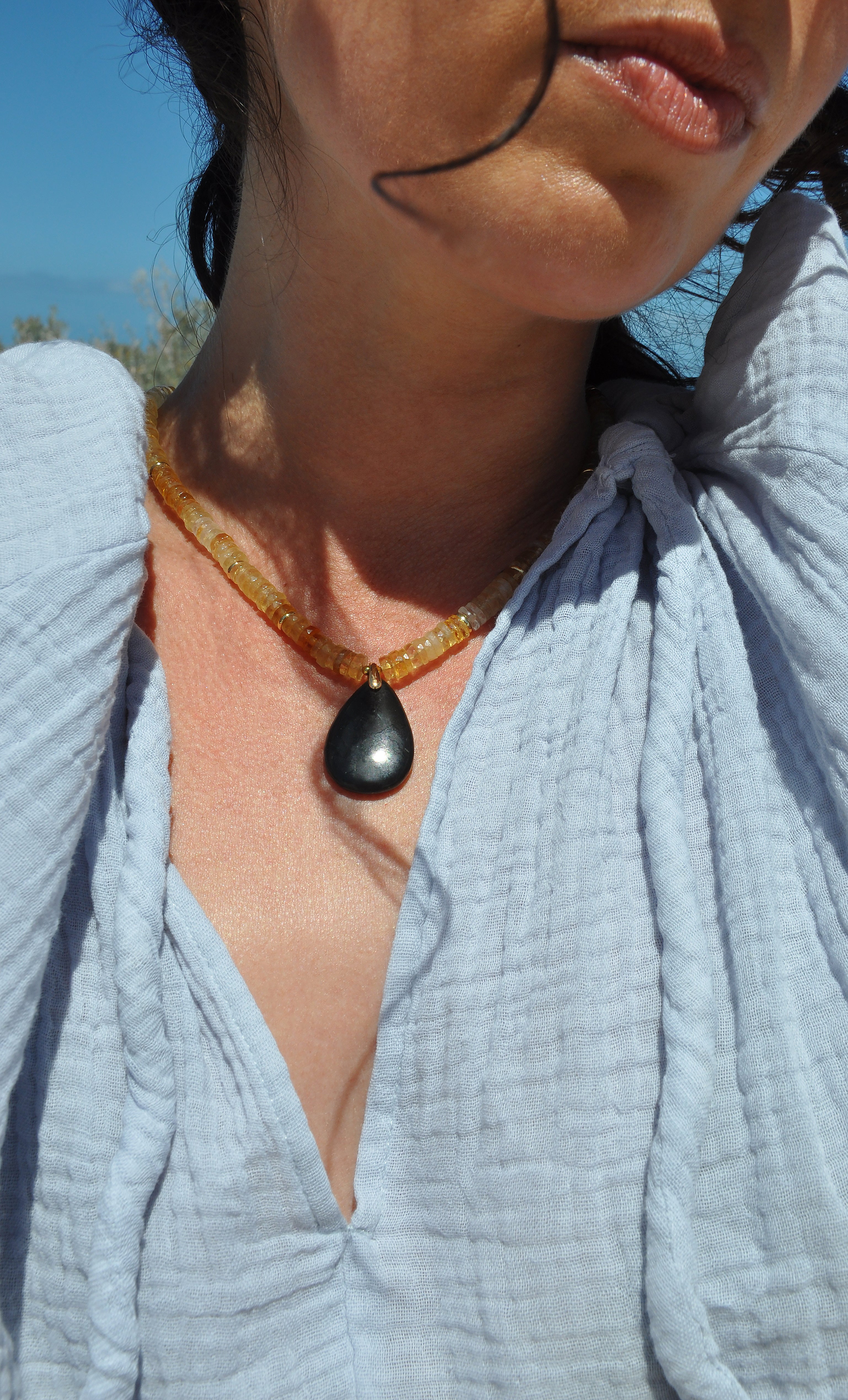 Nomade Amulet Natural Citrine Heishi Bead Necklace with Natural Shungite Carved Pendant | Tunik