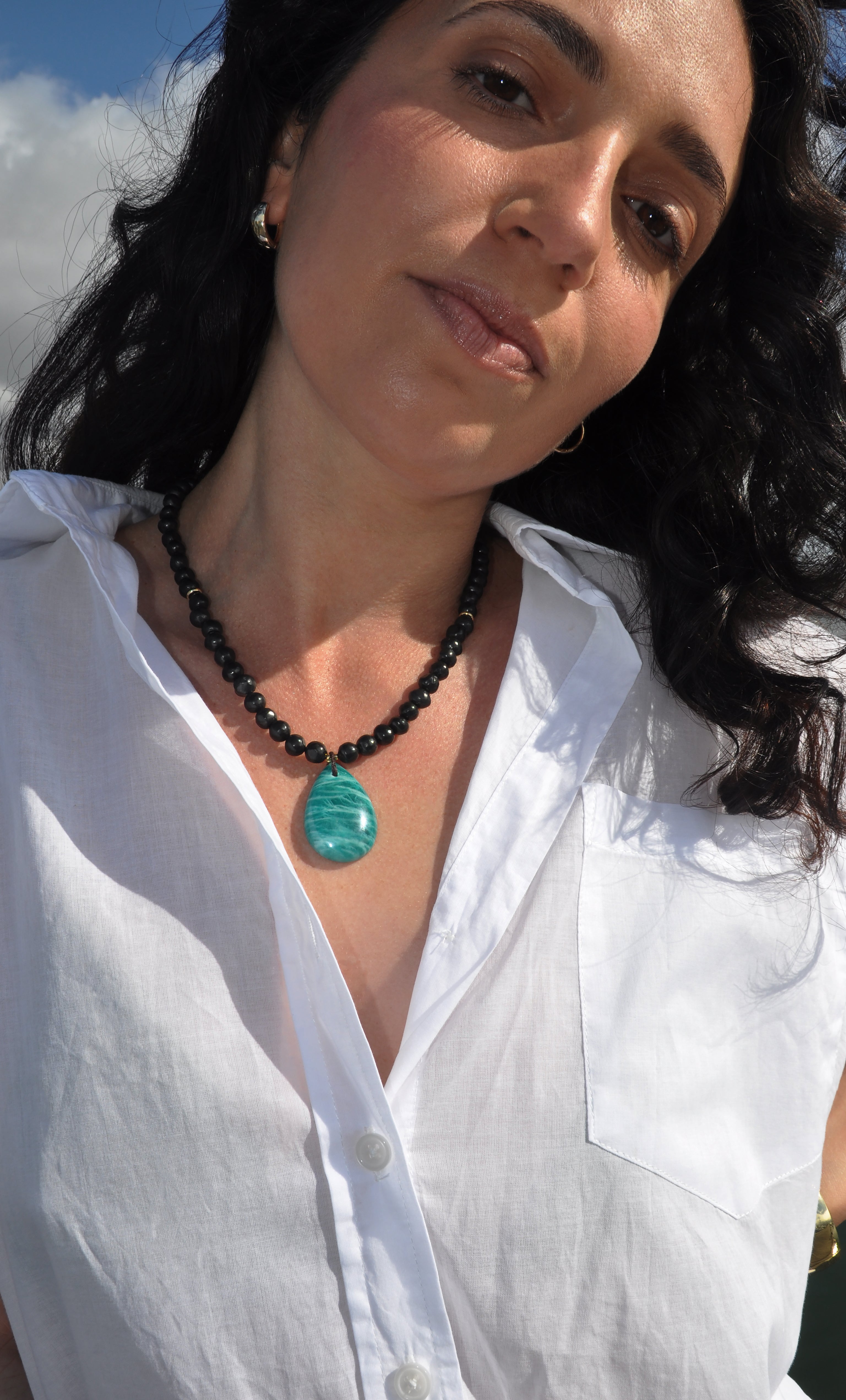 Nomade Amulet Natural Shungite Pebble Bead Necklace with AAA Natural Amazonite Pendant Handmade | Tunik