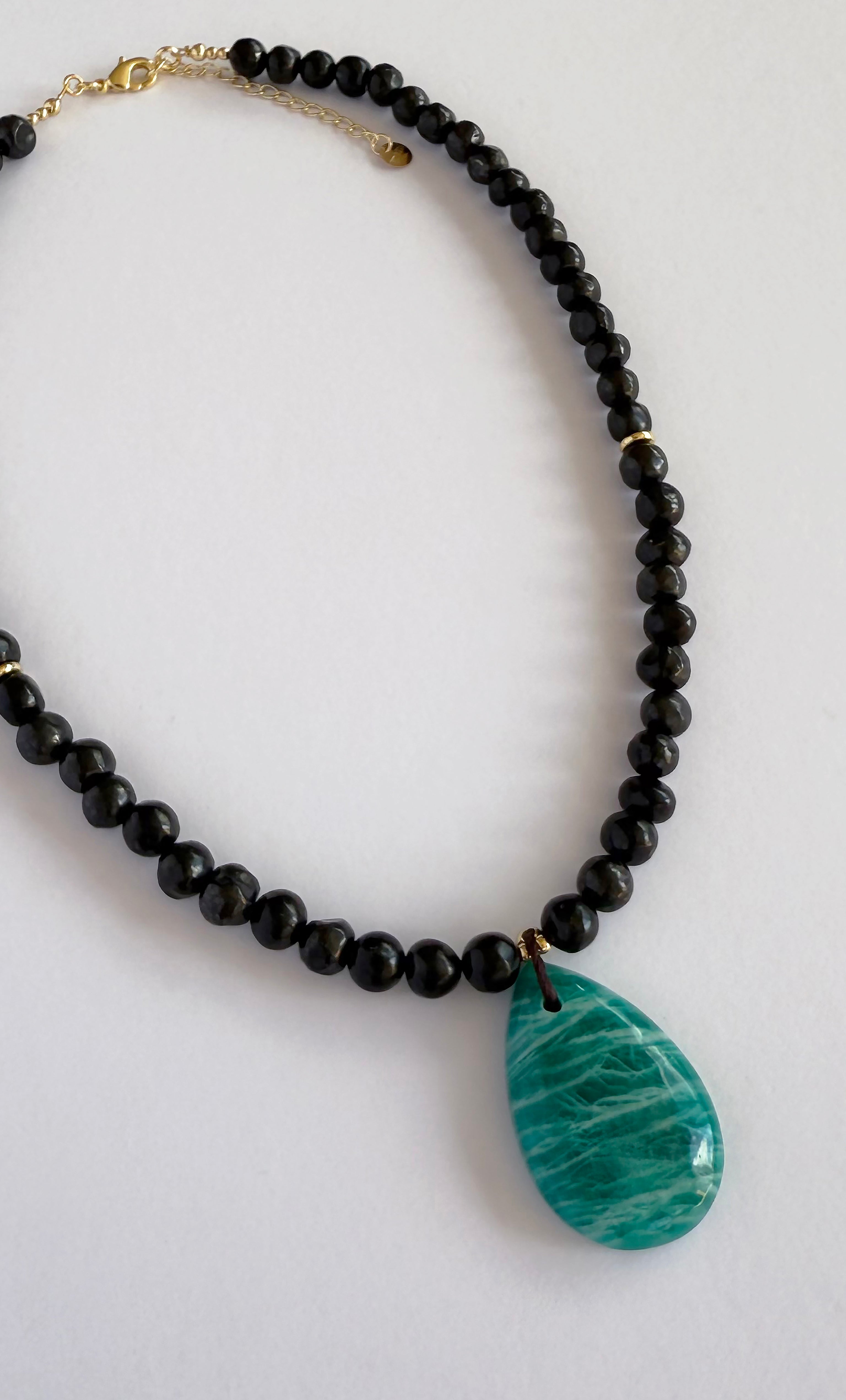 Nomade Amulet Natural Shungite Pebble Bead Necklace with AAA Natural Amazonite Pendant Handmade | Tunik