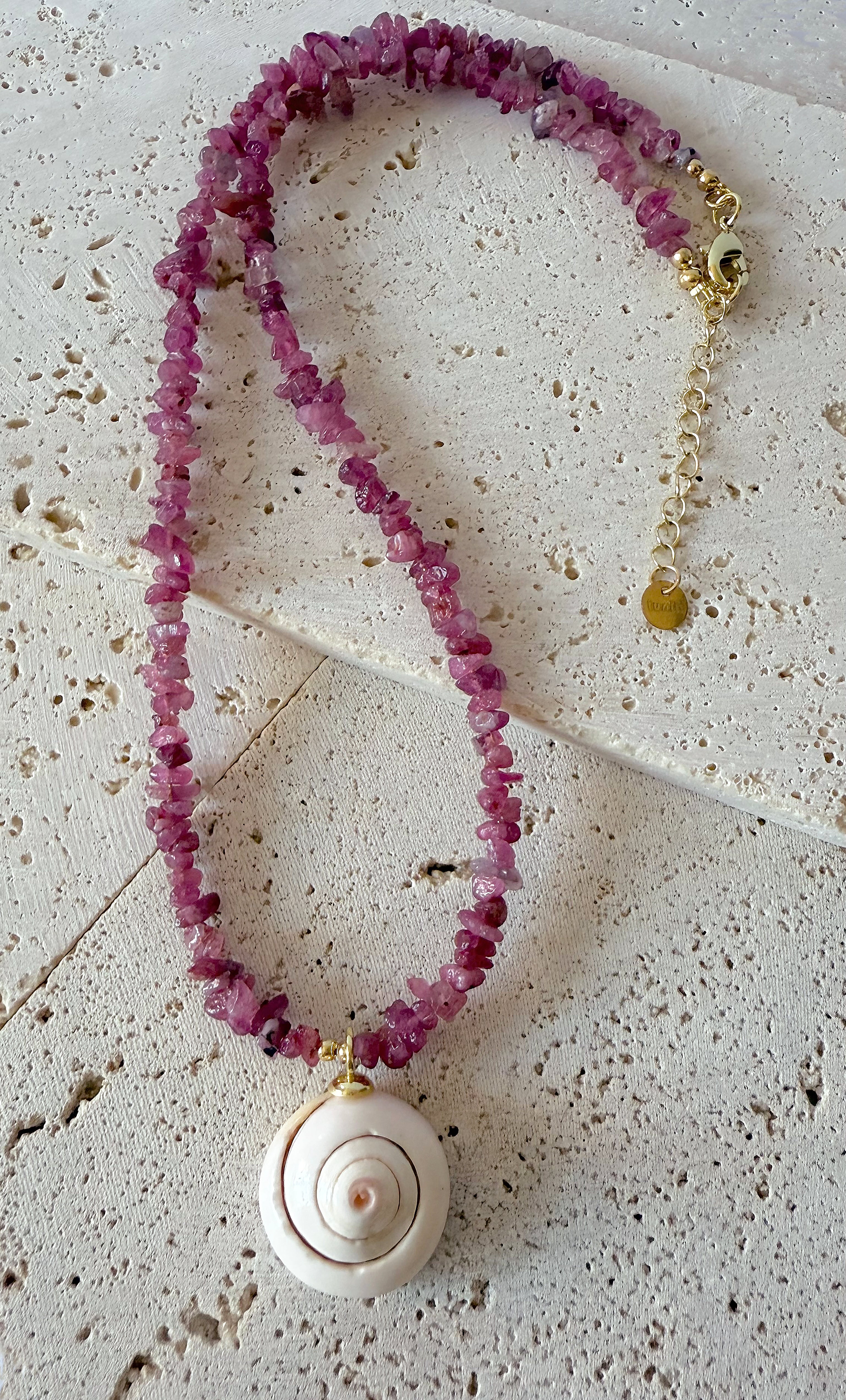 Shell Charm Pink Tourmaline Stone Hand Beaded Necklace | Tunik