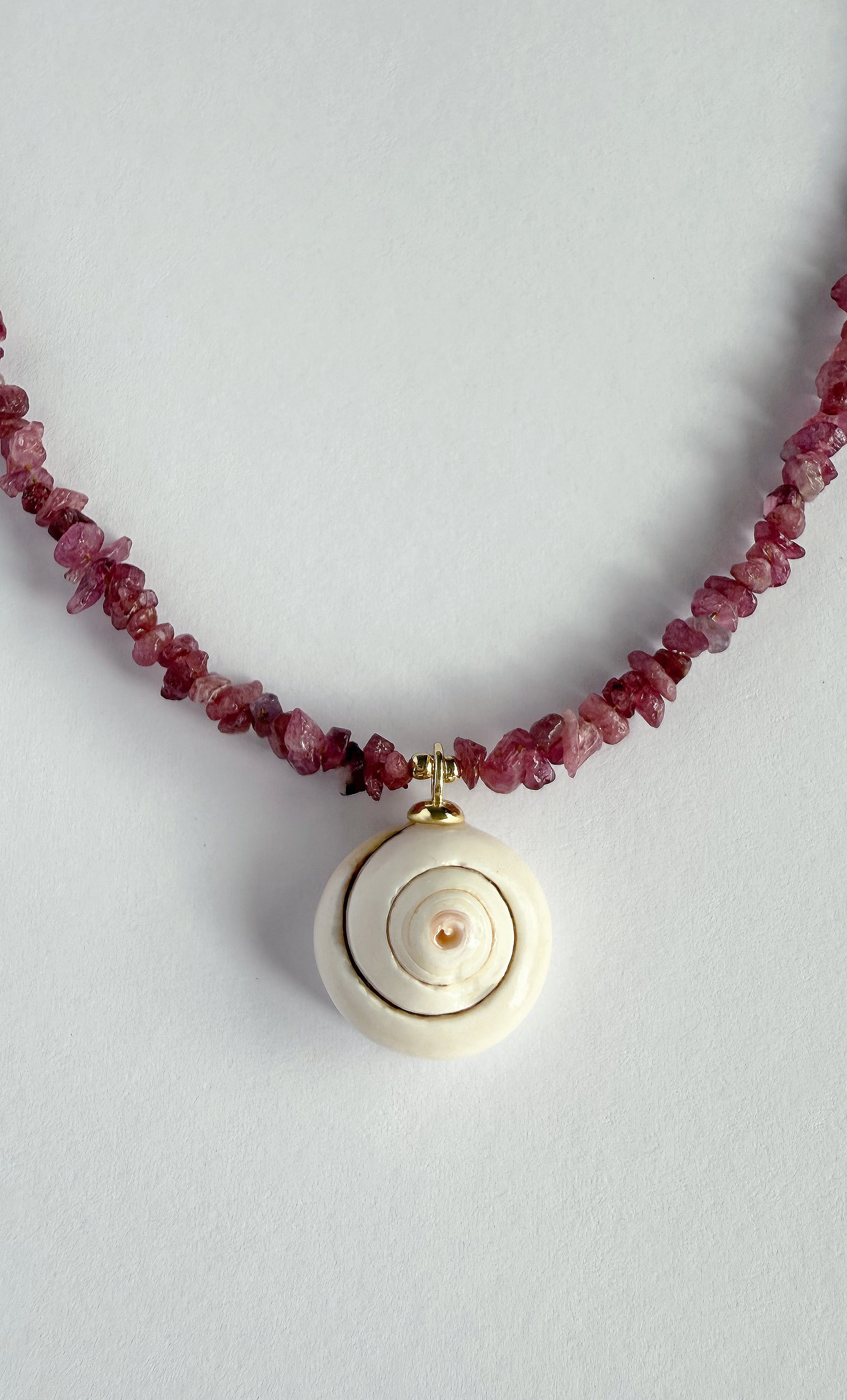Shell Charm Pink Tourmaline Stone Hand Beaded Necklace | Tunik
