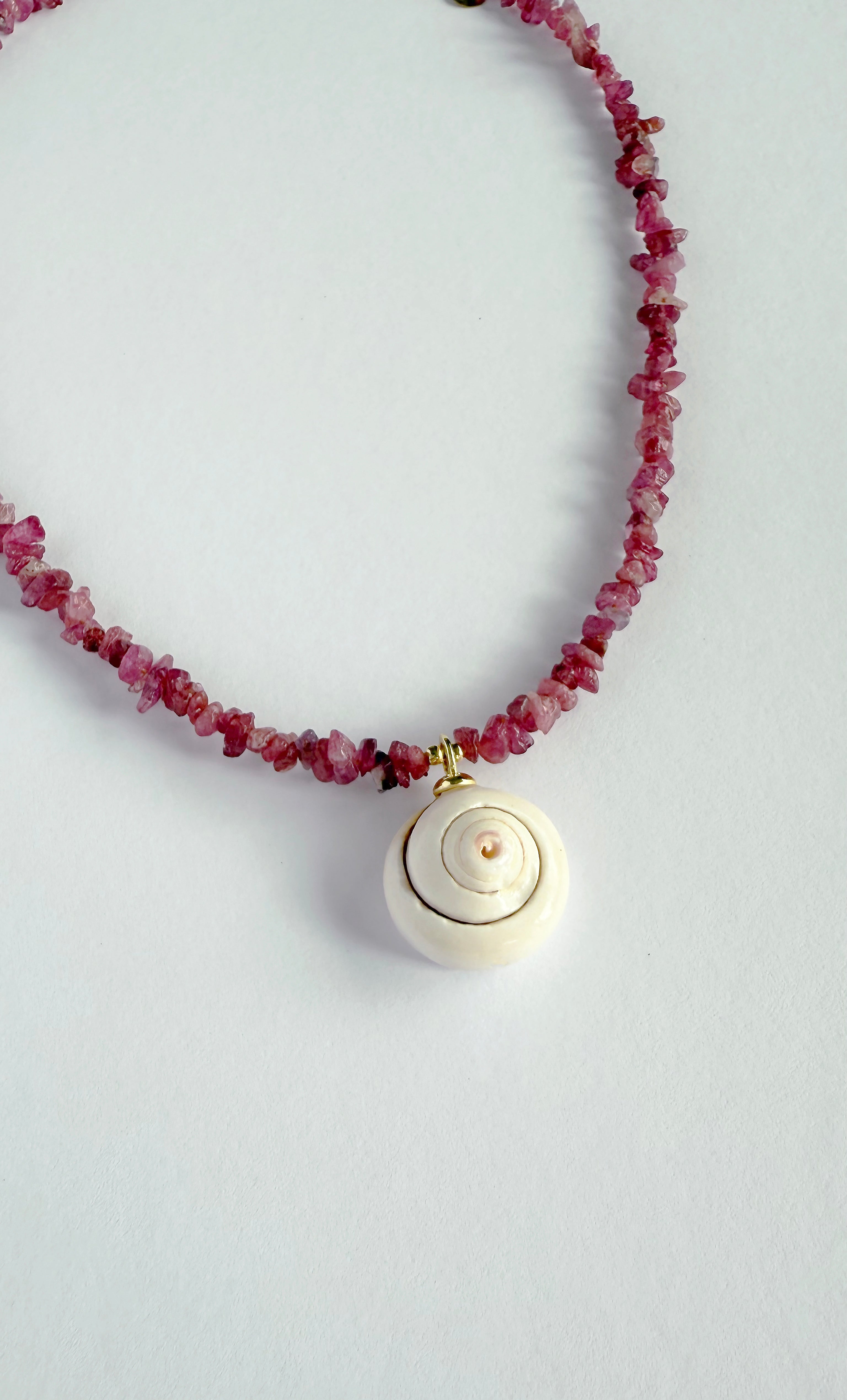Shell Charm Pink Tourmaline Stone Hand Beaded Necklace | Tunik
