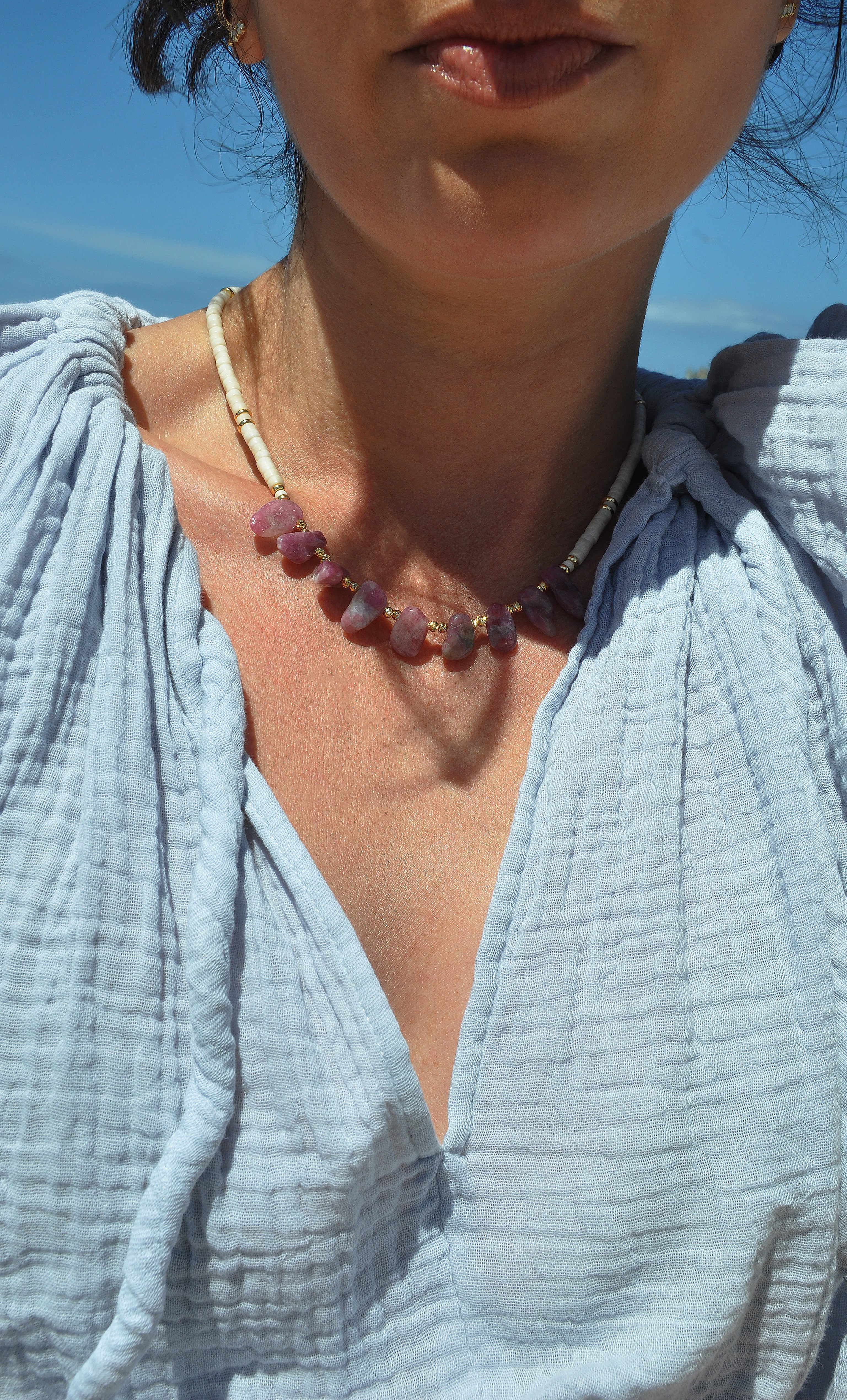 Spirit Pink Tourmaline & Ivory Jasper Stone Handmade Beaded Necklace | Tunik