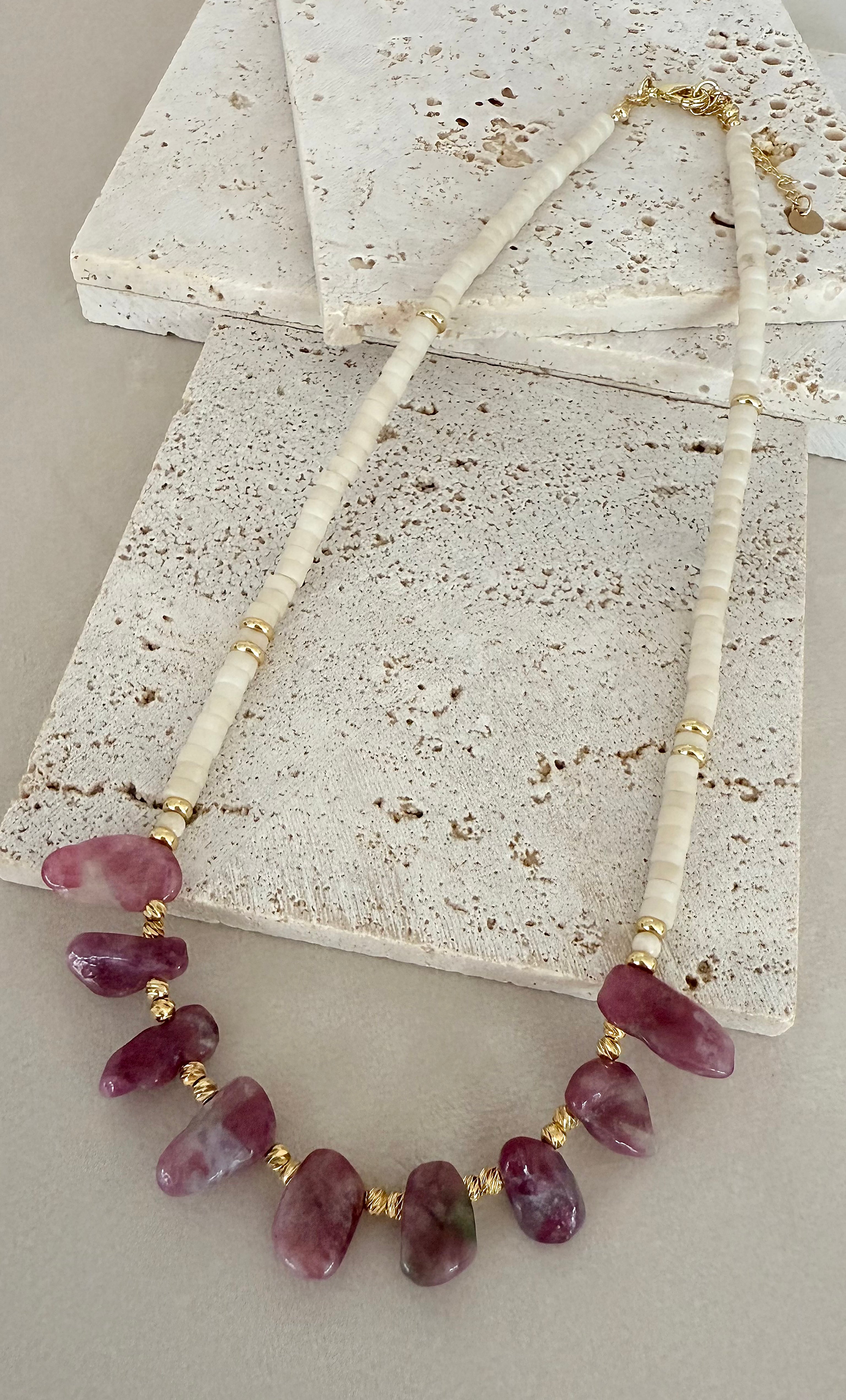 Spirit Pink Tourmaline & Ivory Jasper Stone Handmade Beaded Necklace | Tunik