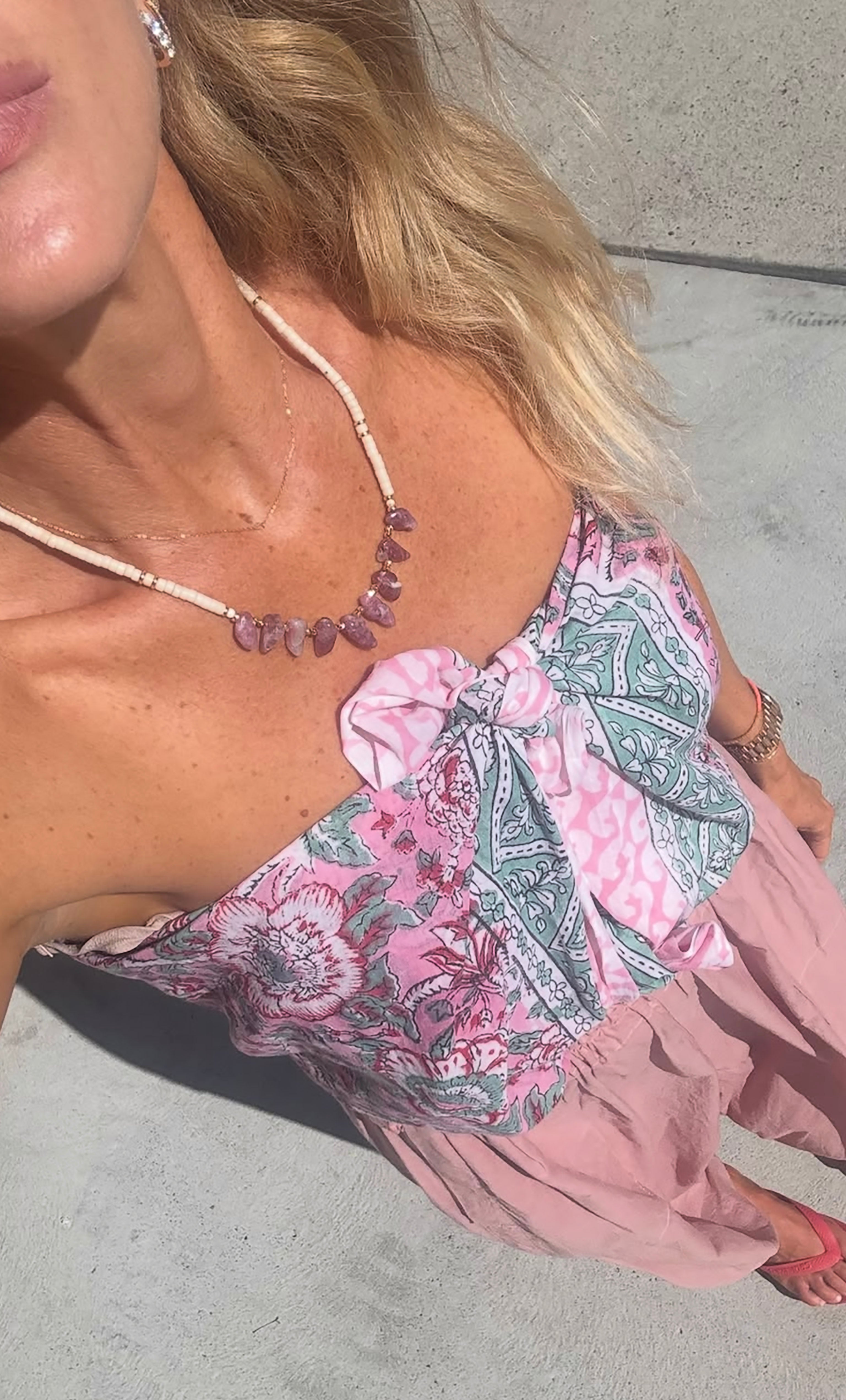 Spirit Pink Tourmaline & Ivory Jasper Stone Handmade Beaded Necklace | Tunik