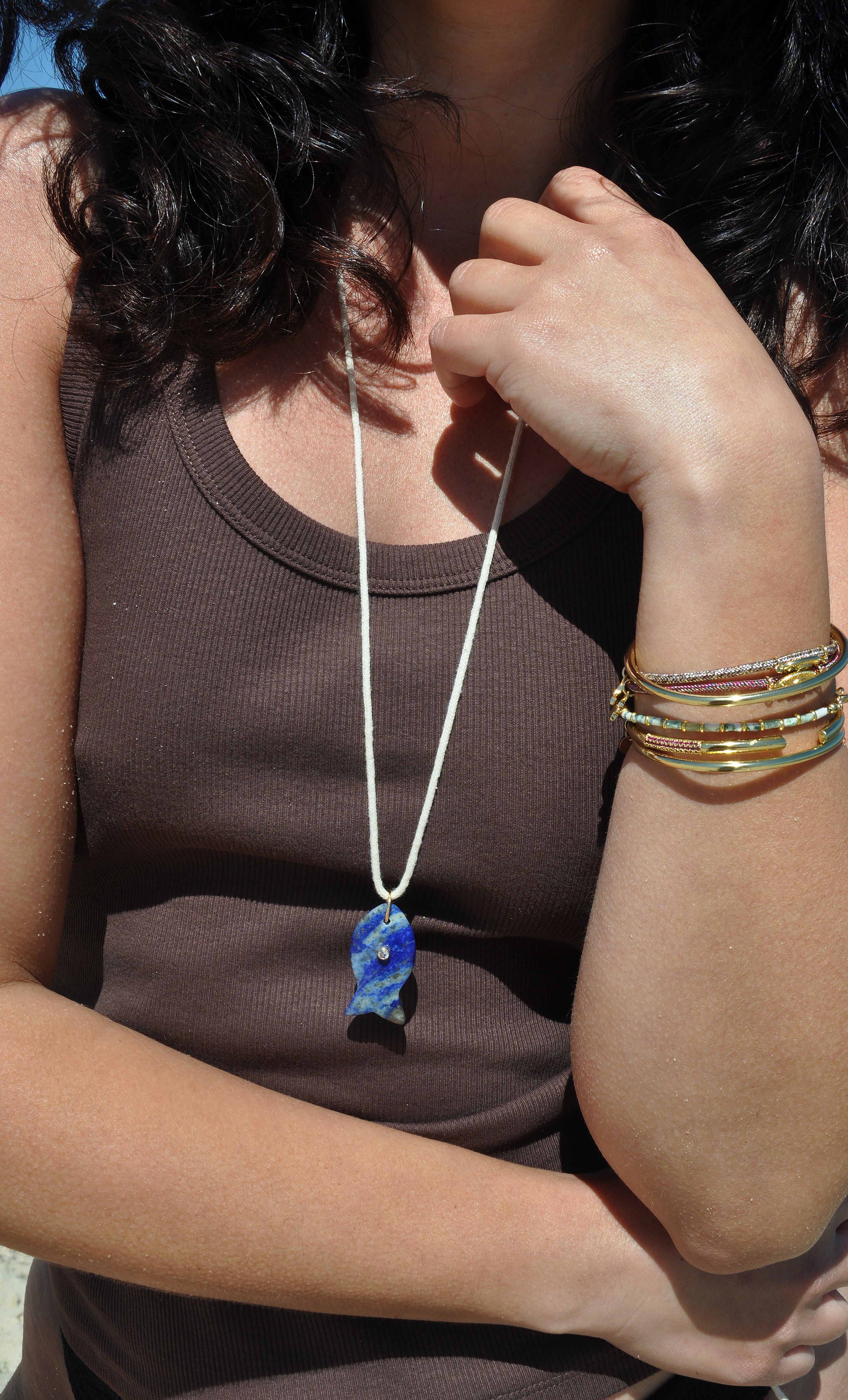 Wanderlust Lapis Lazuli Carved Stone Fish Pendant Long Line Necklace | Tunik