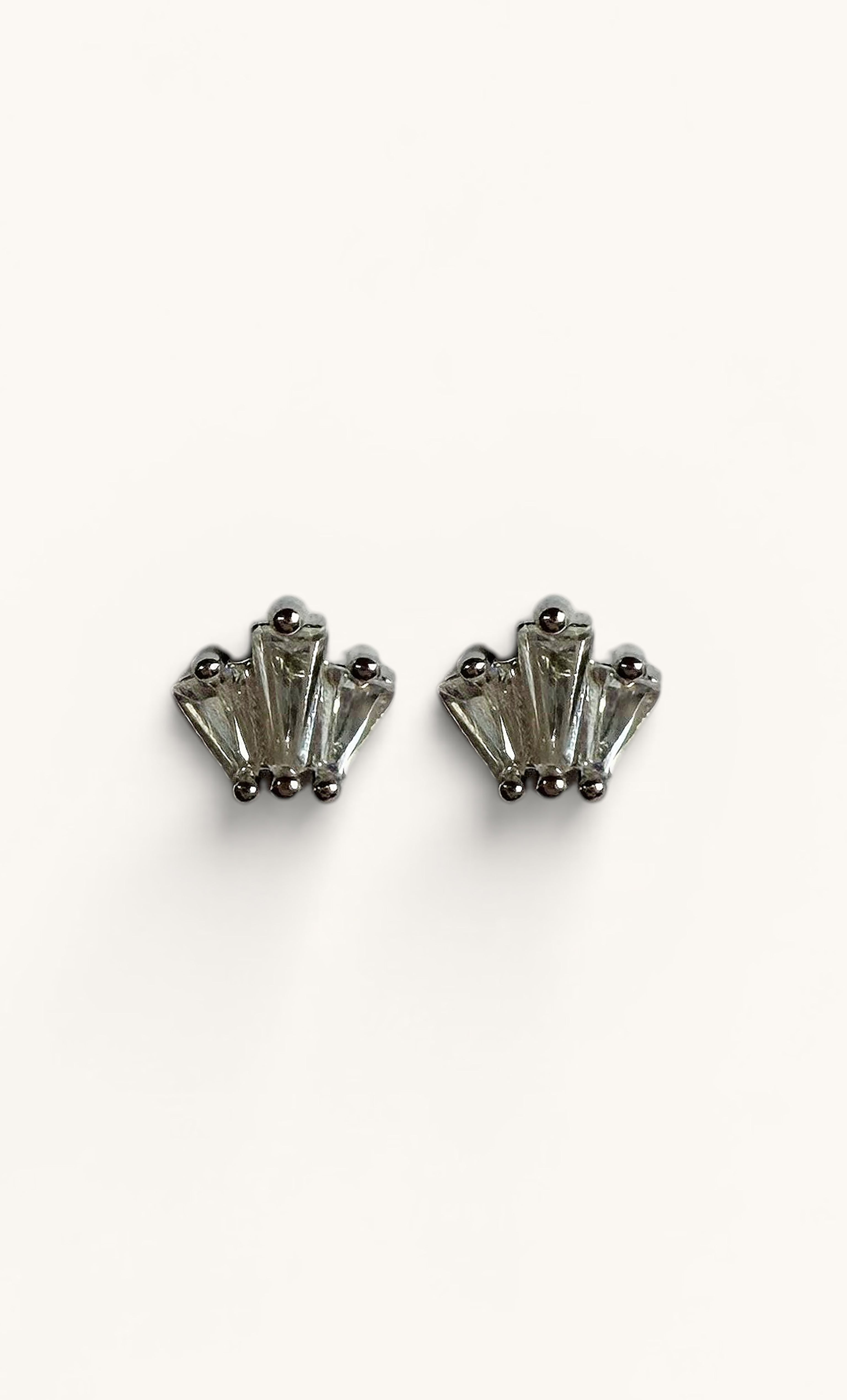 Empire 3 stone zirconia stud earrings in silver by Tunik jewellery with gold fill accents.