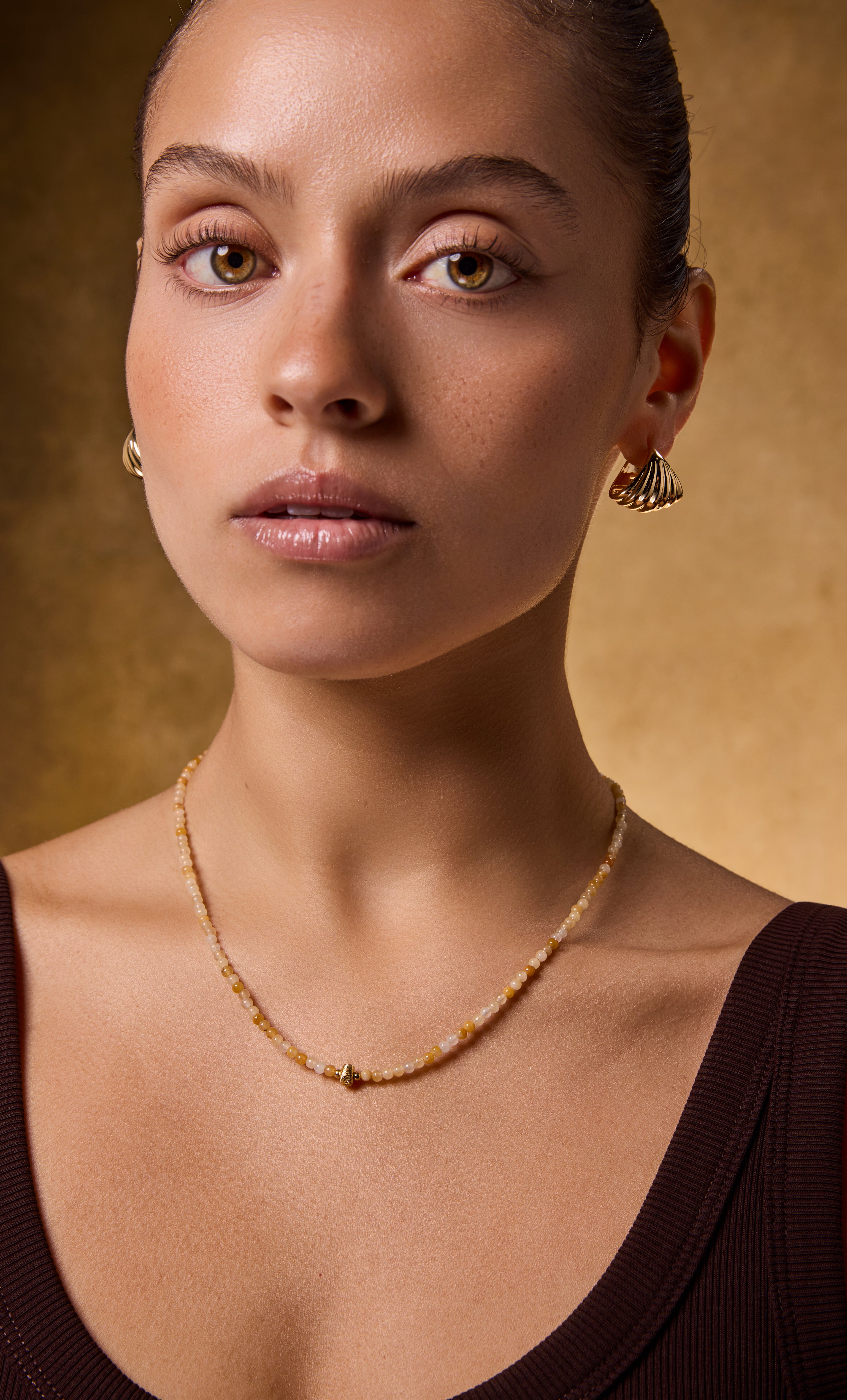 Limited Edition Ombre Moon Yellow Jasper beaded gold fill necklace by Tunik the Label, elegant jewellery gifts.