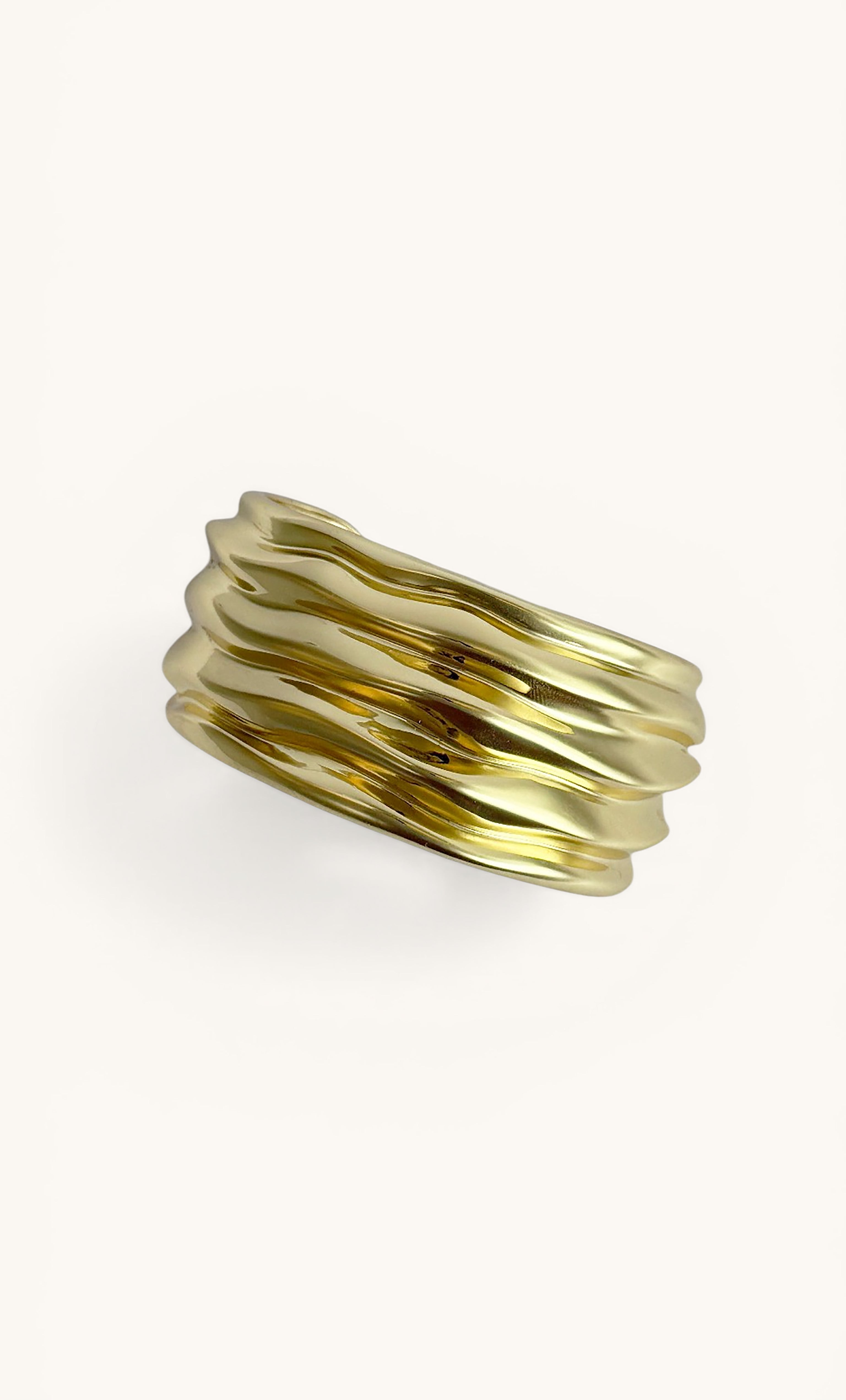 24K gold fill ripple cuff bangle bracelet by Tunik the Label, elegant jewellery gift.