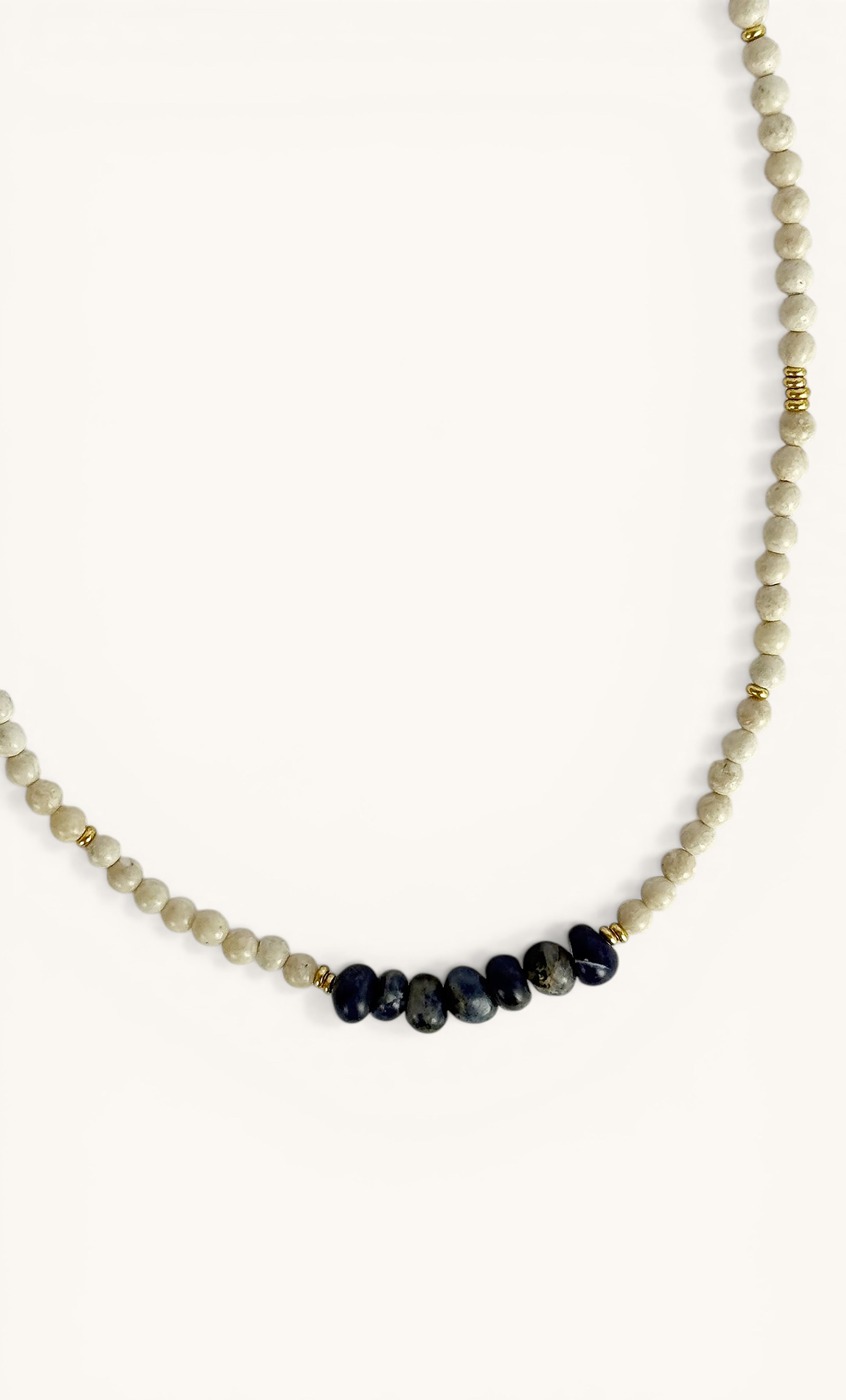 Tunik gold fill necklace with semi-precious blue sodalite and fossil stone beads, elegant jewellery gift.