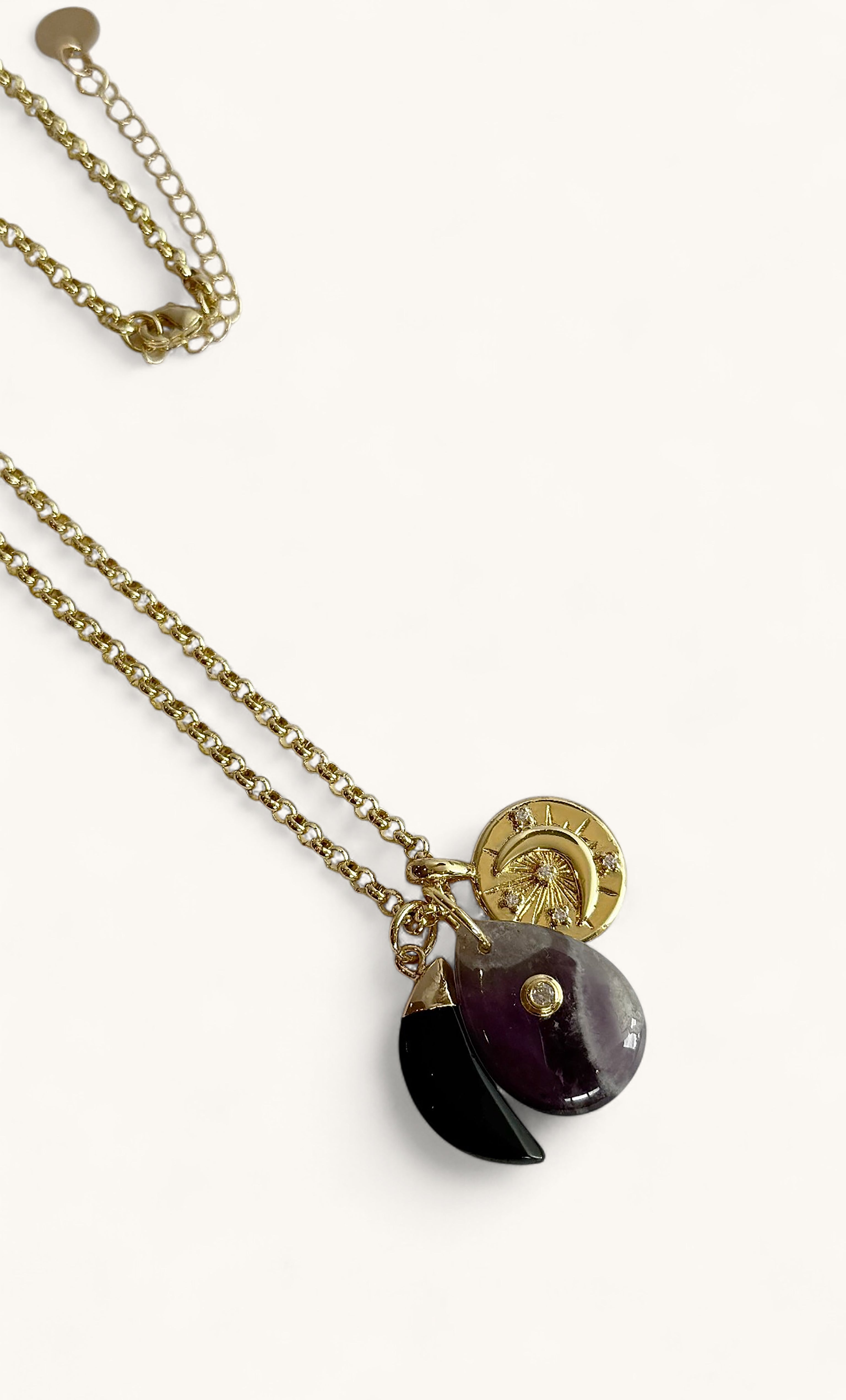 Tunik gold fill necklace with amethyst charm and rolo chain, jewellery gift from Tunik the Label.
