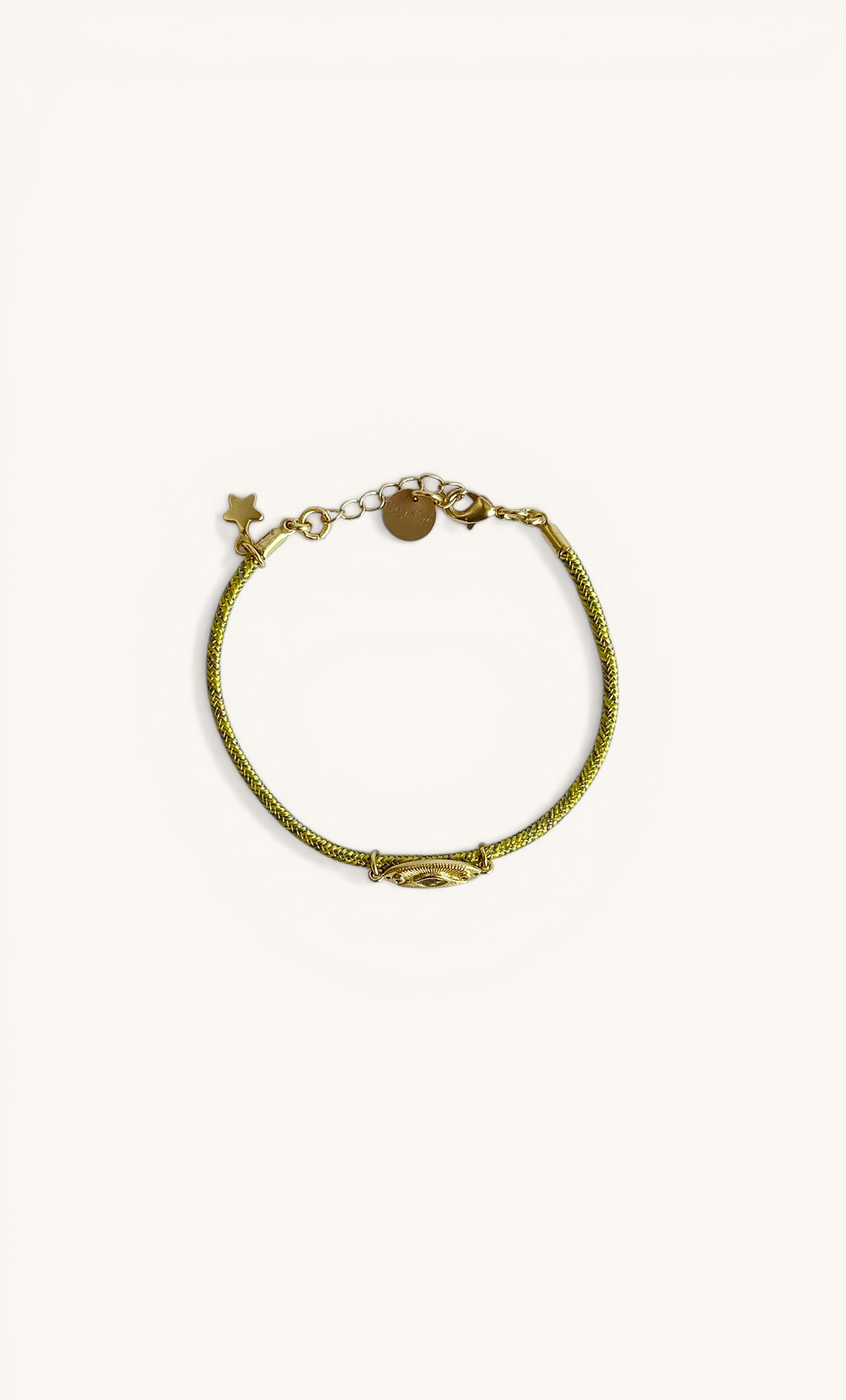 Tunik jewellery gold fill 24K gold charm lime green lurex cord bracelet with pendant clasp.