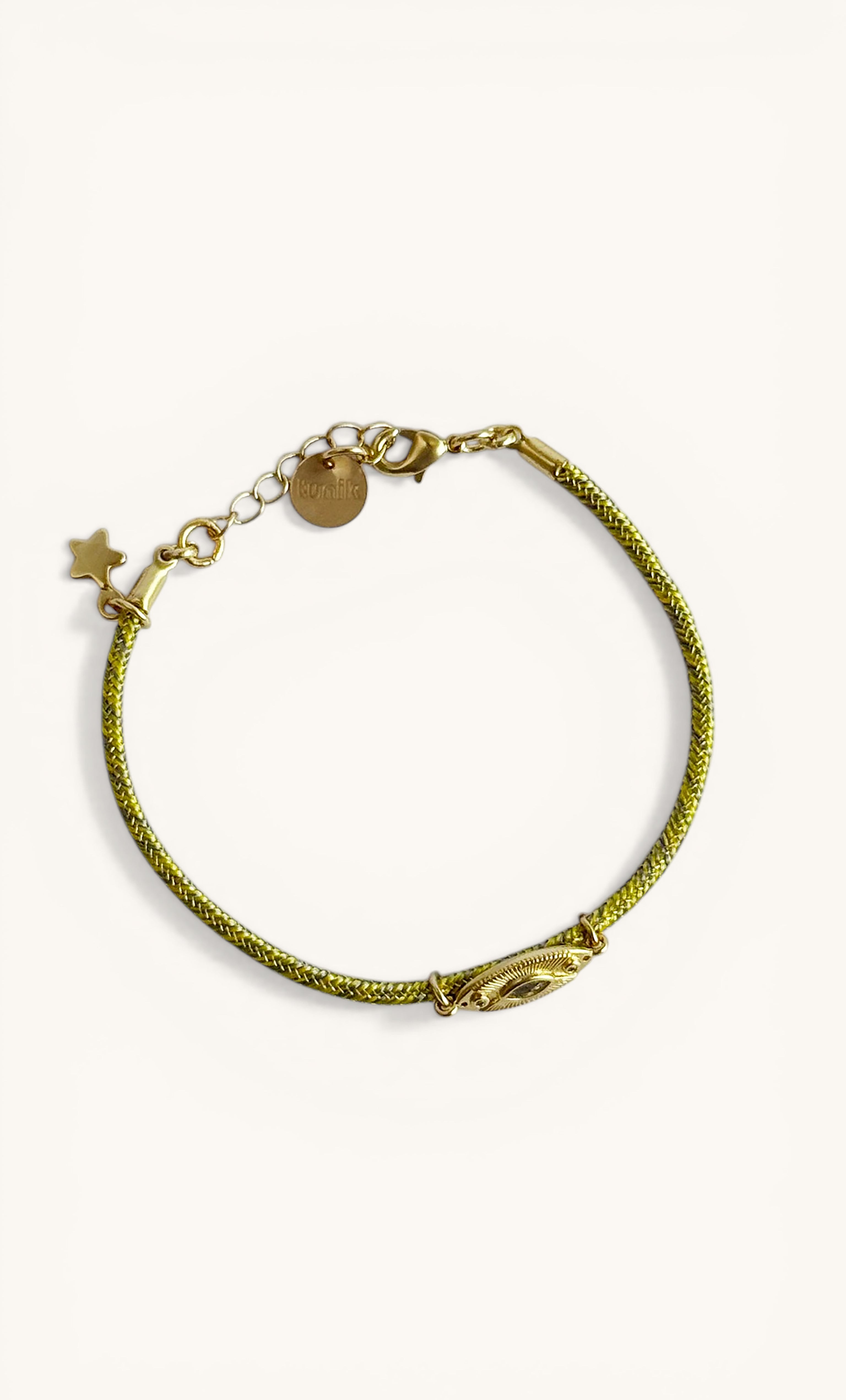 Tunik gold fill lime Lurex cord bracelet with gold charm and delicate pendant, jewellery gift.