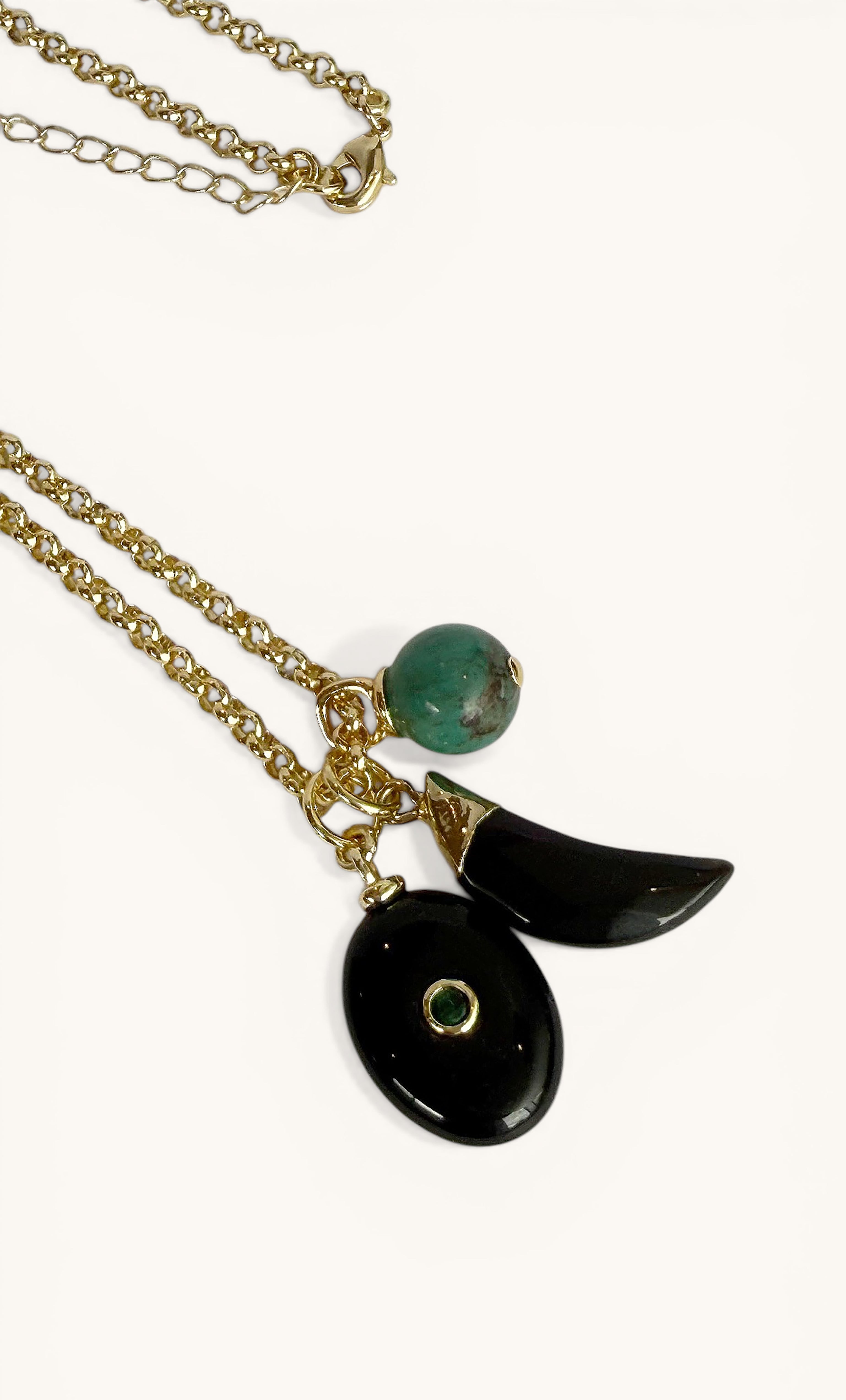 Tunik gold fill long necklace with rolo chain, featuring trio charm pendant with black horn and green bead, jewellery gifts.
