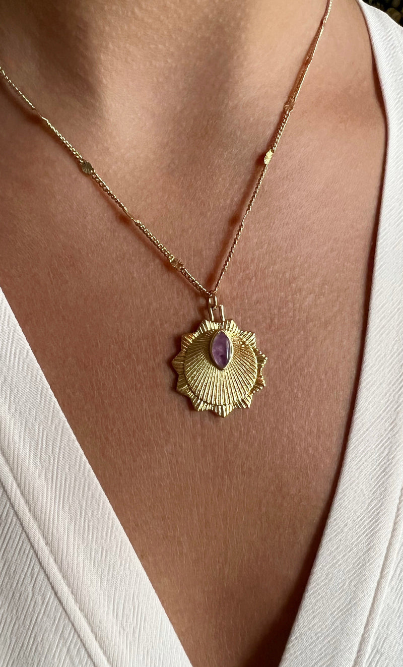 The Tunik Sunburst Amethyst Stone Medallion Necklace